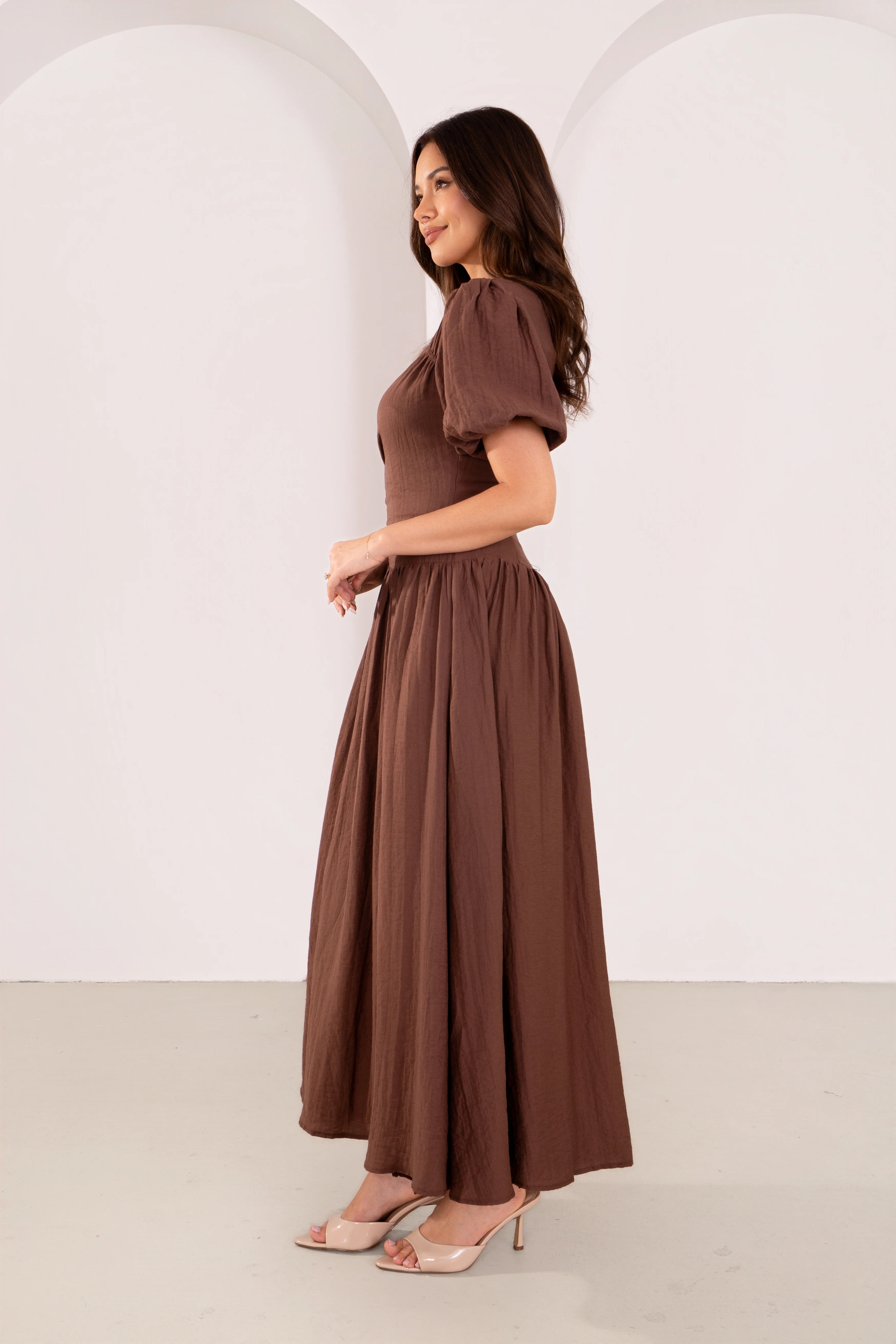 Isolde Chocolate Puff Sleeve Maxi Dress - Image 2