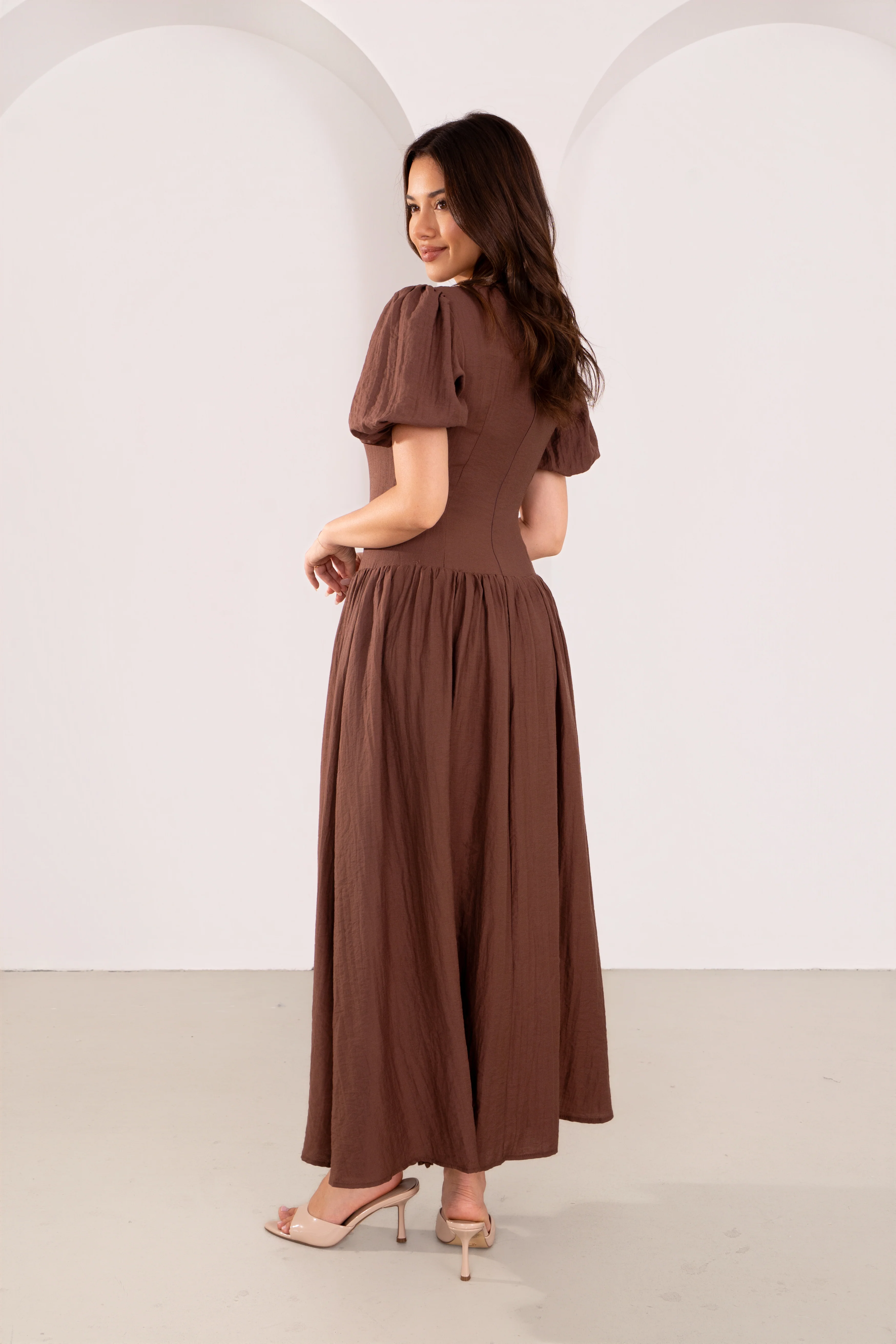 Isolde Chocolate Puff Sleeve Maxi Dress - Image 3