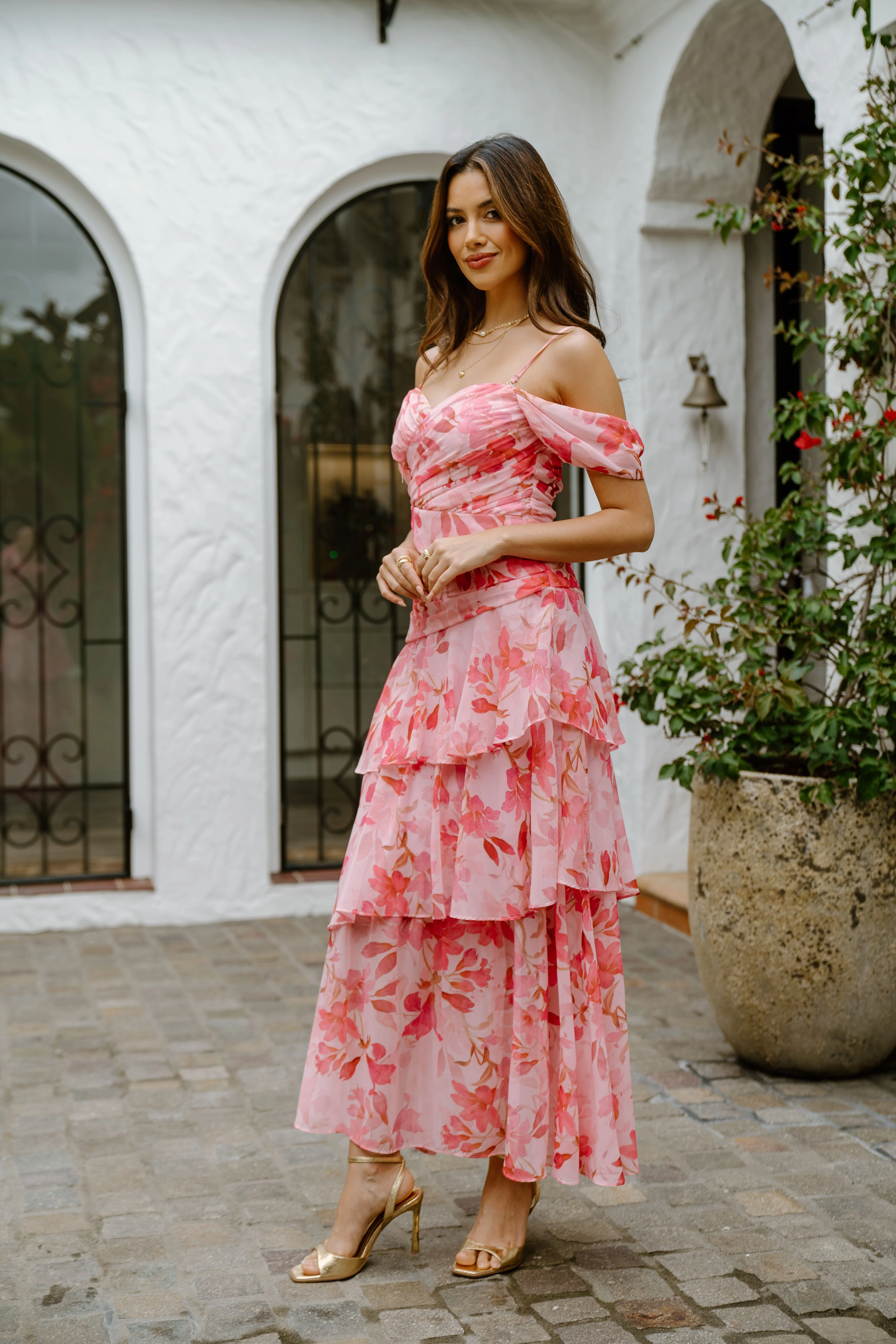 Jenna Drop Shoulder Pink Floral Maxi Dress - Image 3