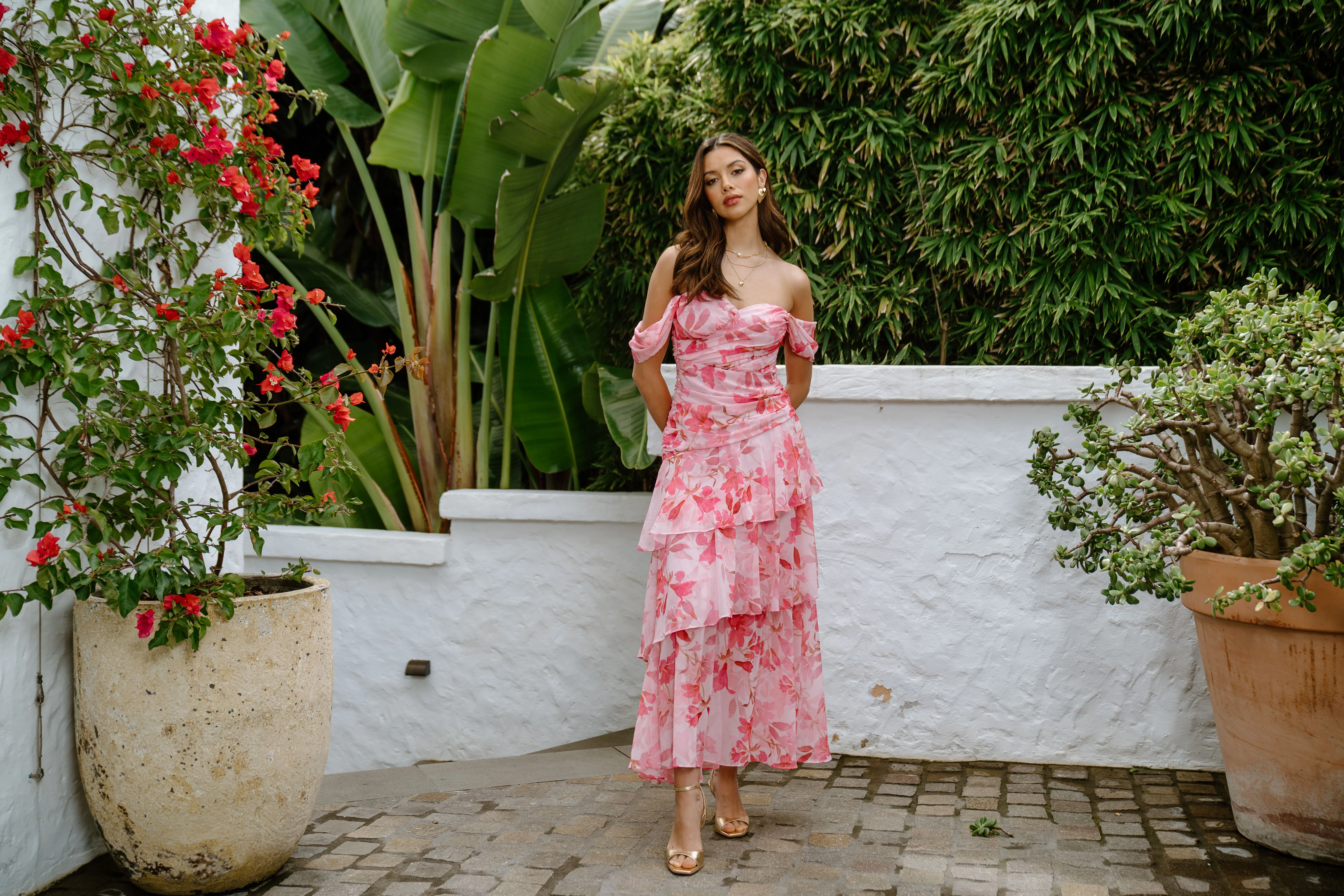 Jenna Drop Shoulder Pink Floral Maxi Dress - Image 4