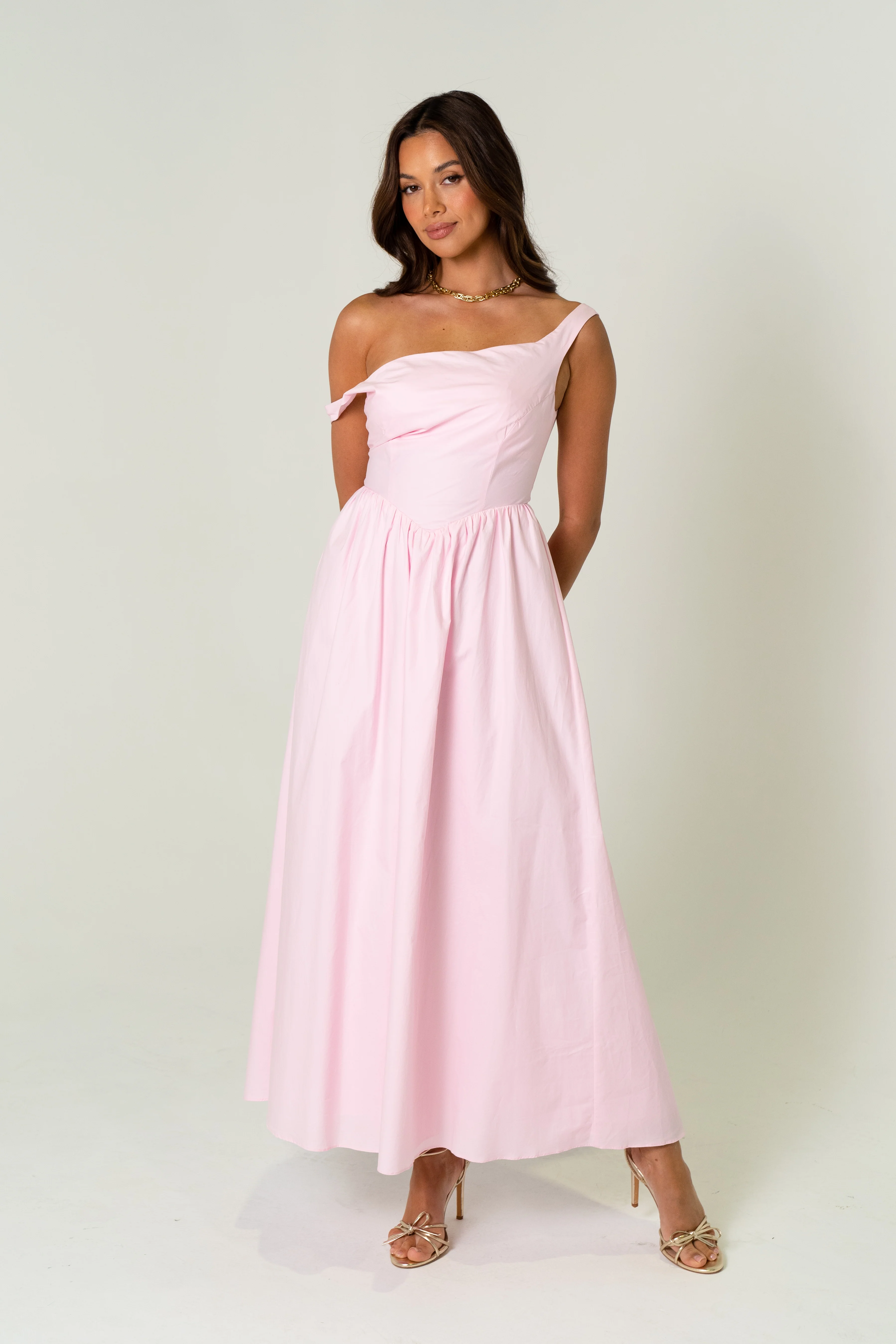 Joanne Pink Drop Shoulder Corset Tie Midi Dress - Image 2
