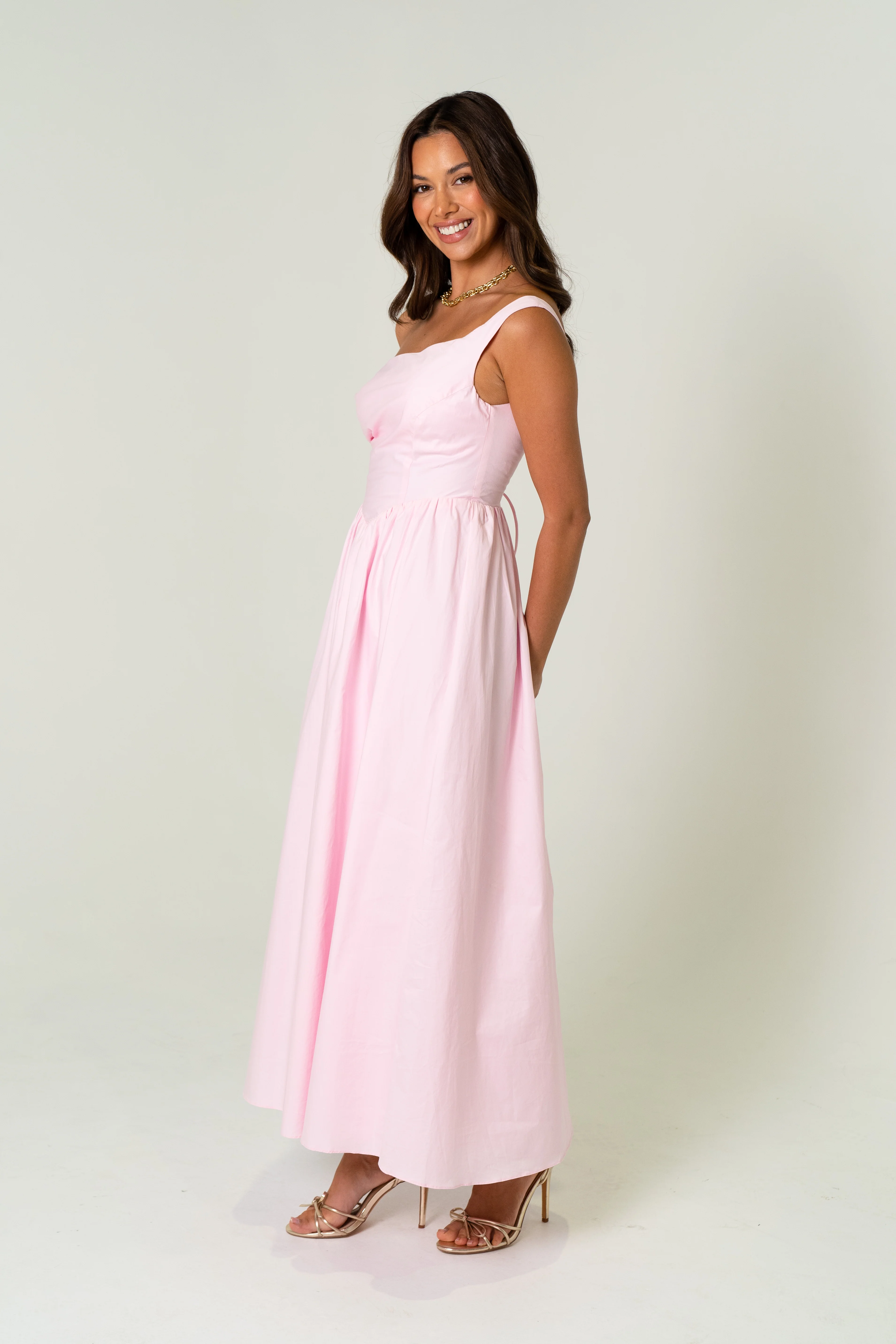 Joanne Pink Drop Shoulder Corset Tie Midi Dress - Image 3