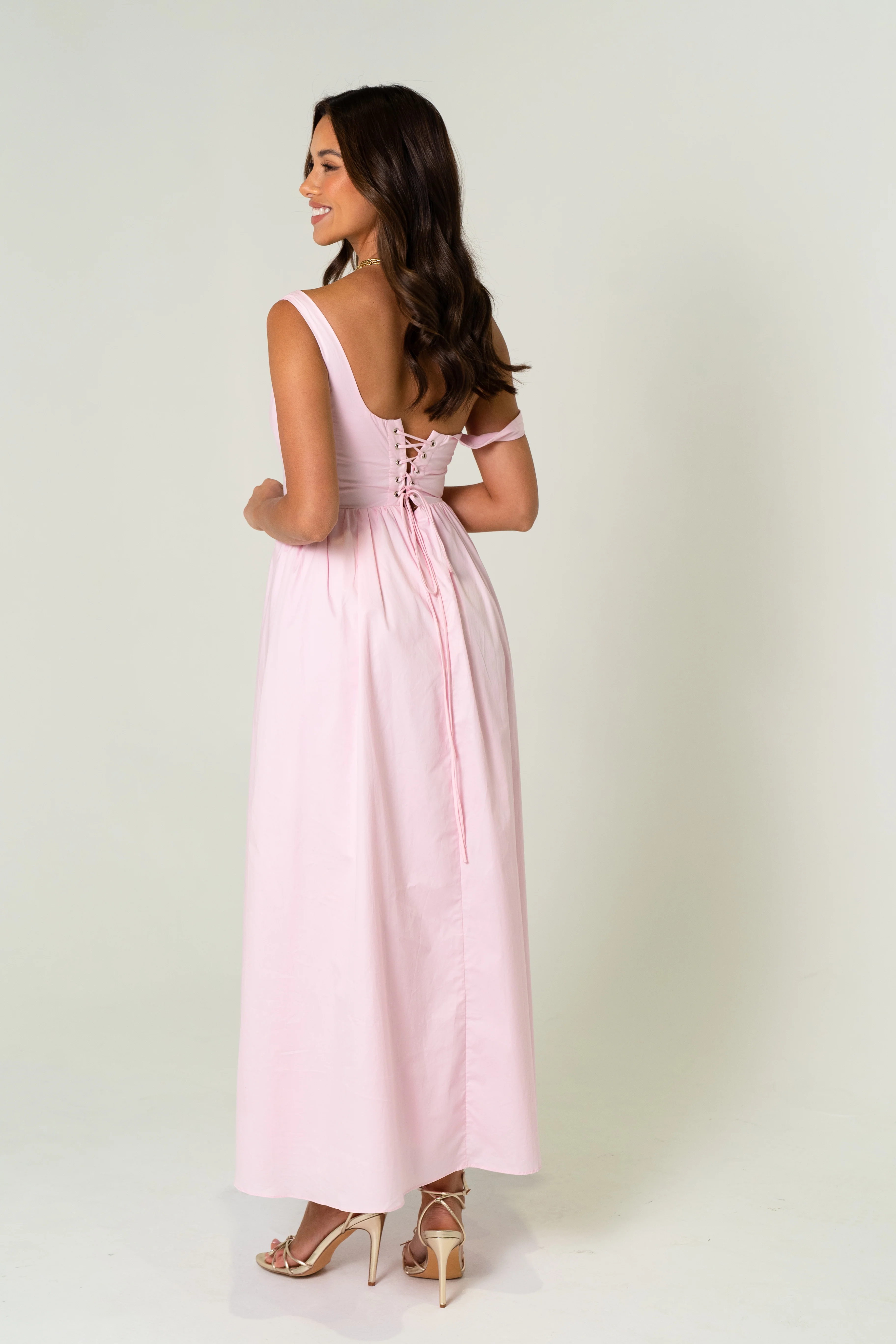 Joanne Pink Drop Shoulder Corset Tie Midi Dress - Image 4