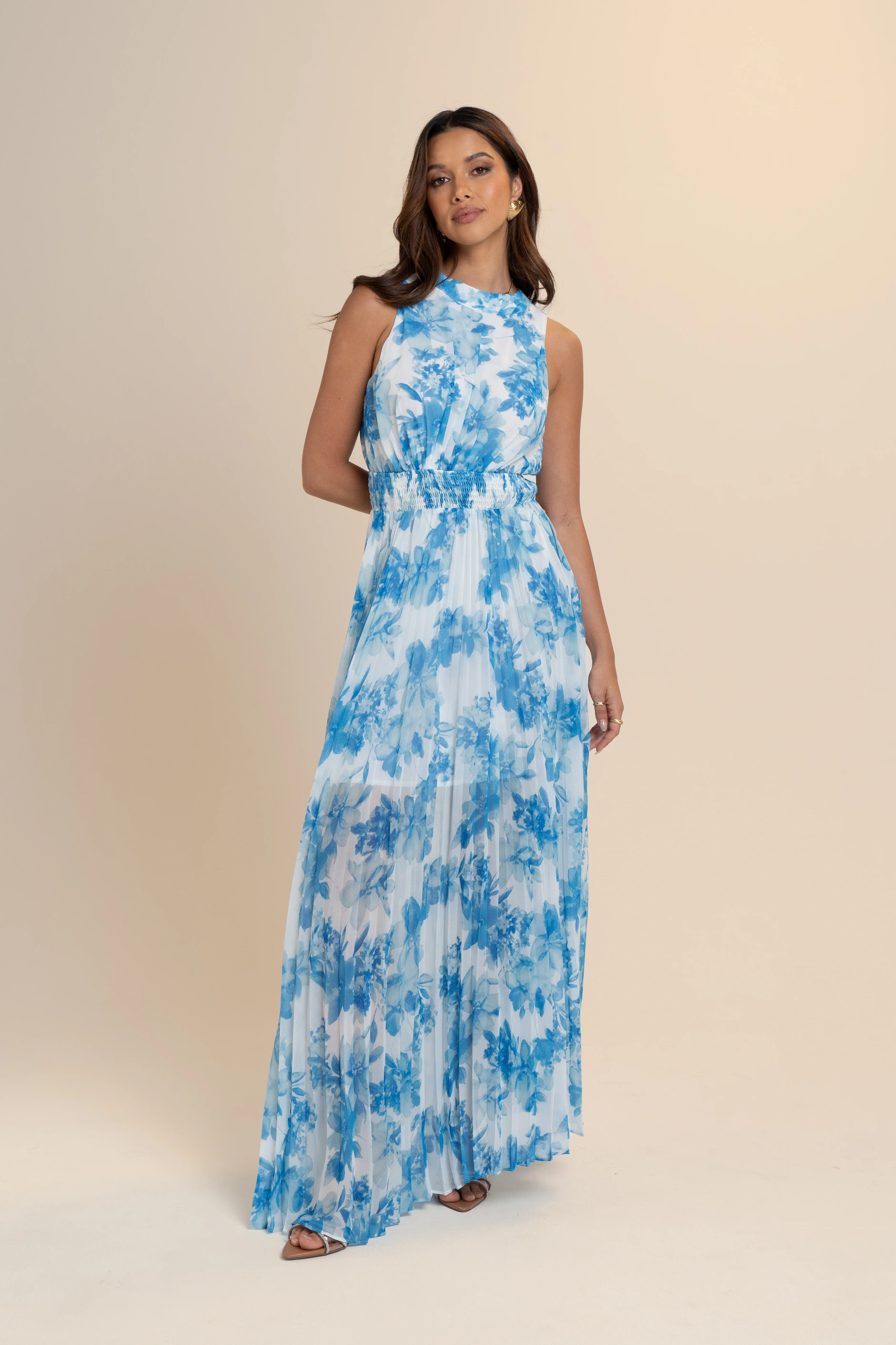 Jodi Blue Floral Pleated Maxi Dress