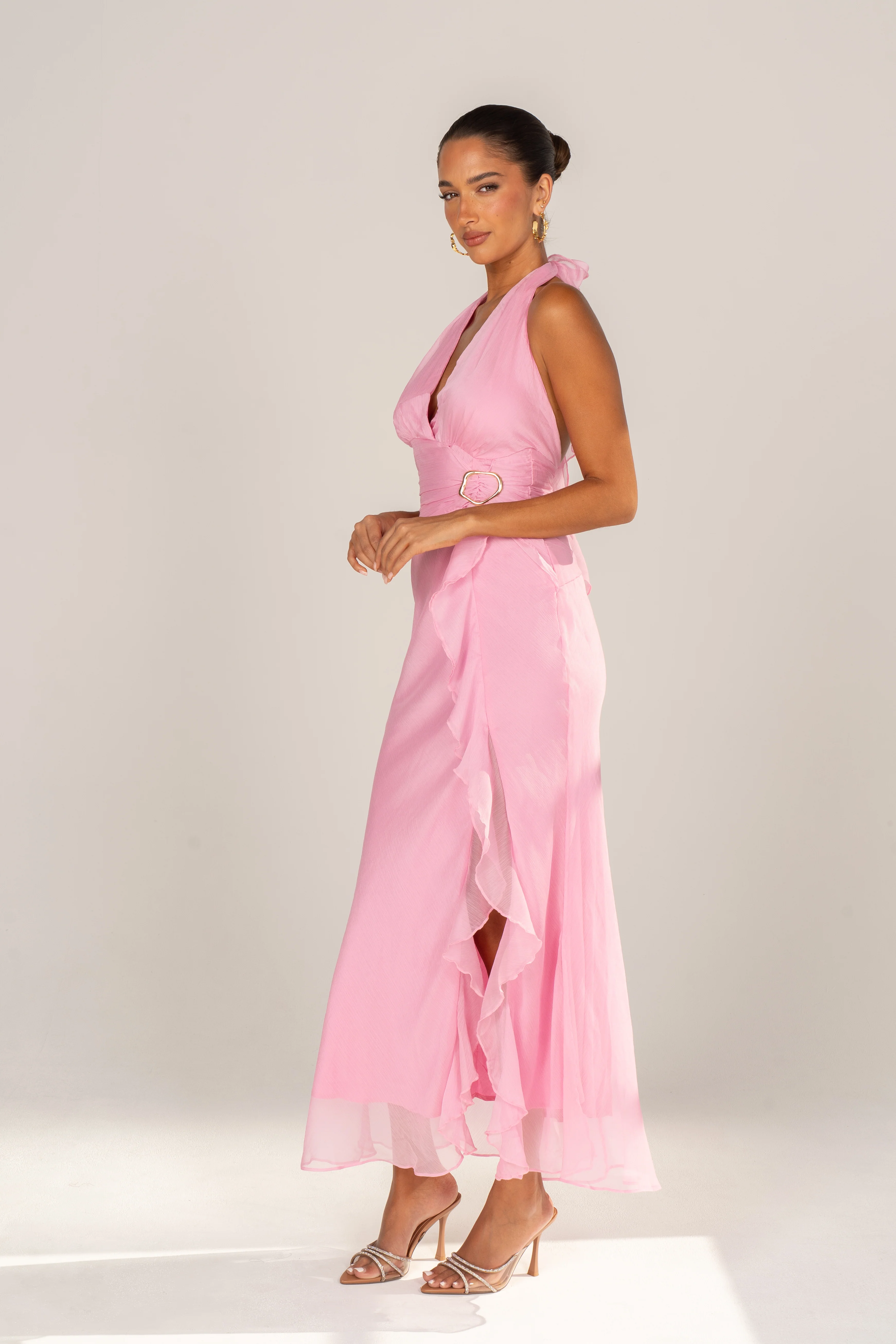 Jolie Pink Halter Gown with Ruffle Trims - Image 2