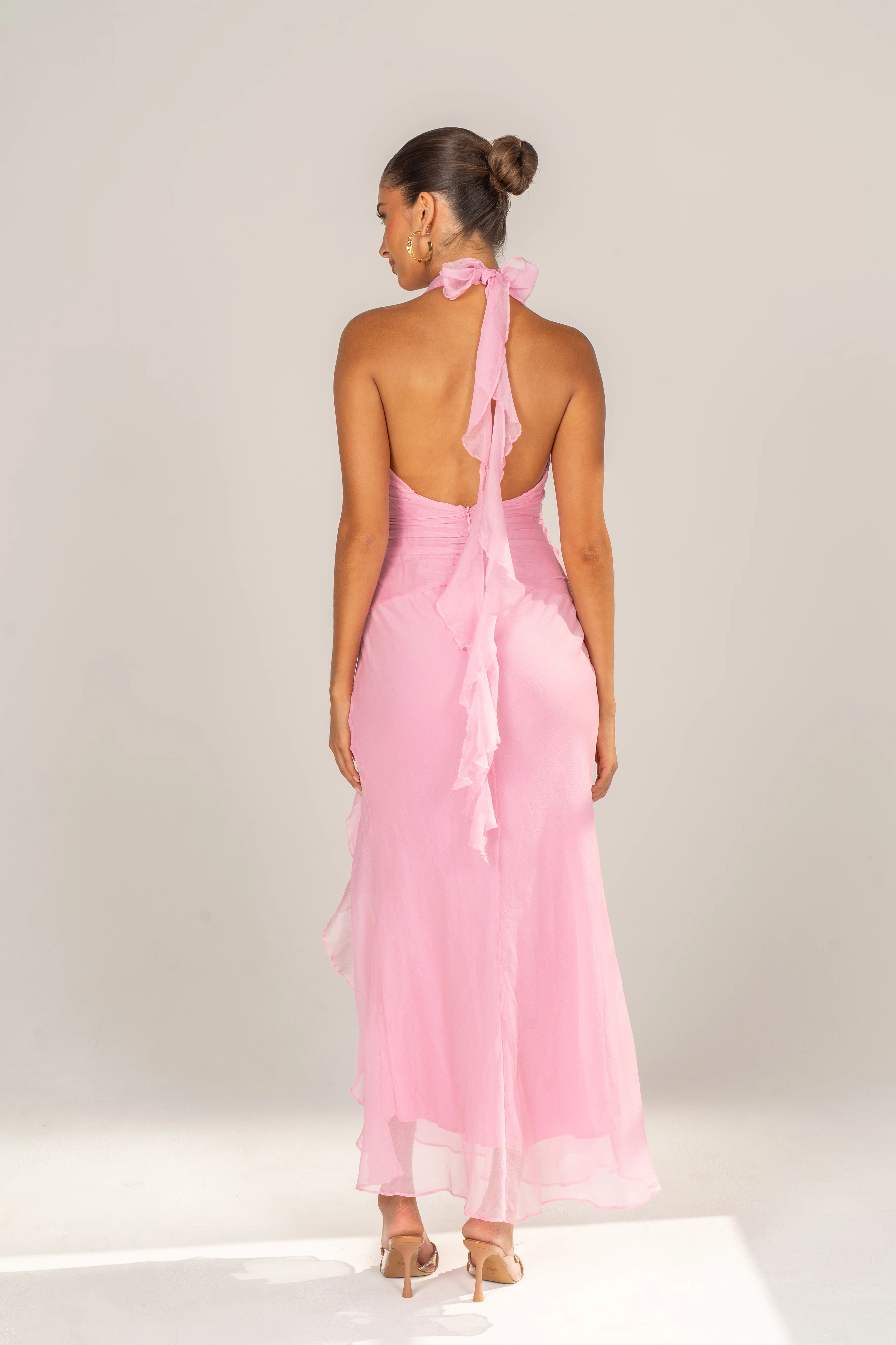 Jolie Pink Halter Gown with Ruffle Trims - Image 3