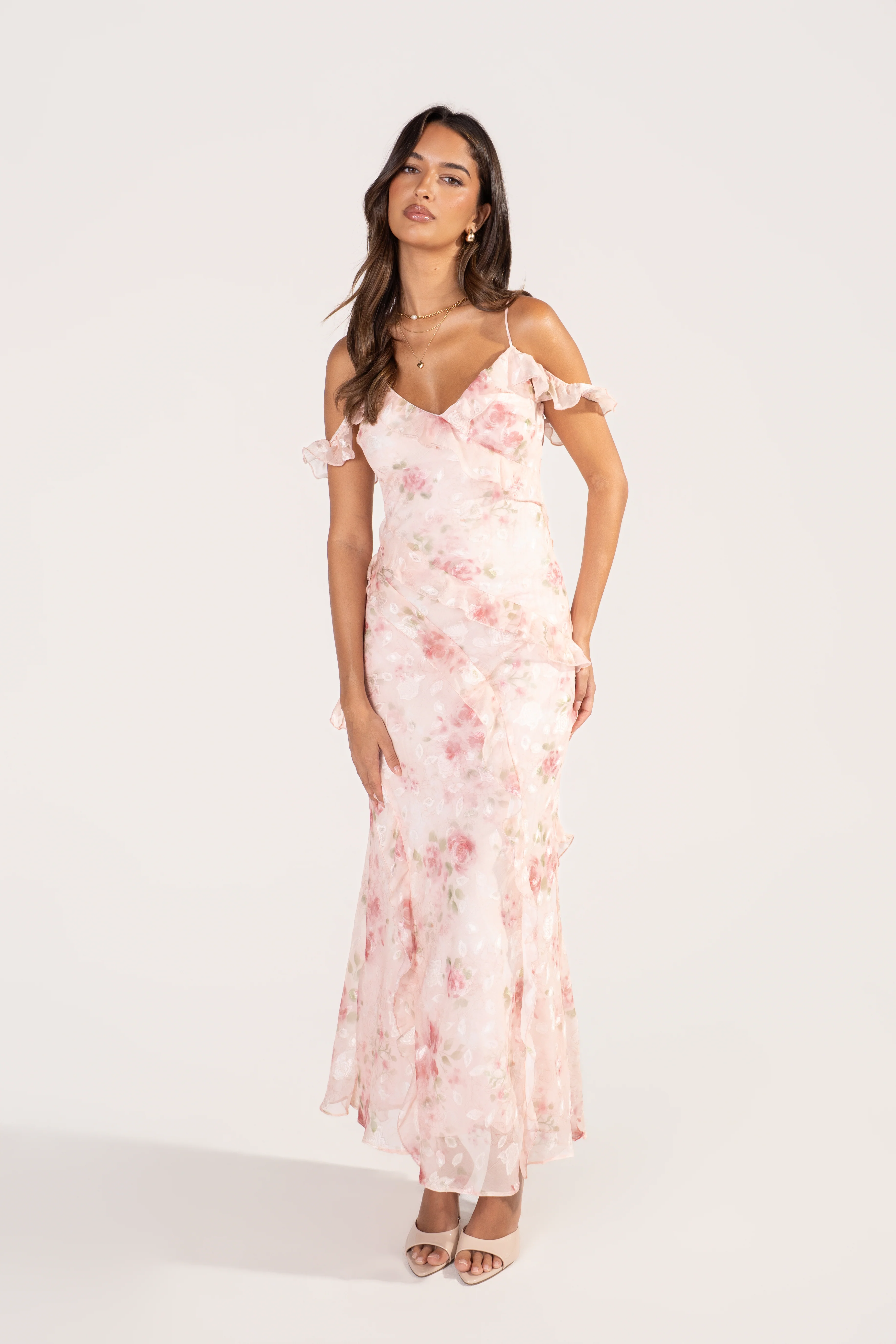 Kaelina Pink Floral Ruffle Maxi Dress