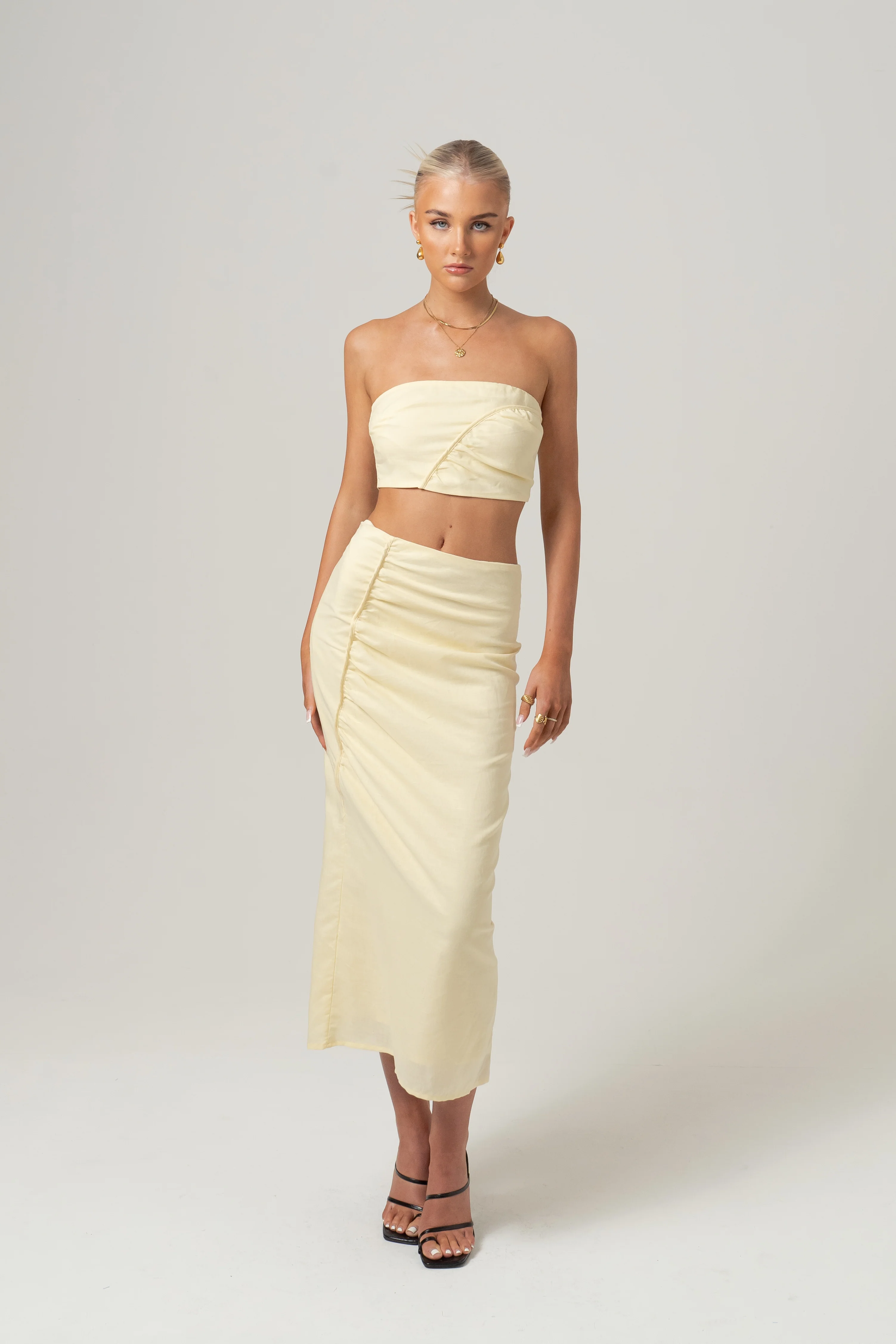 Kara Yellow Two Piece Strapless Top & Midi Skirt Set
