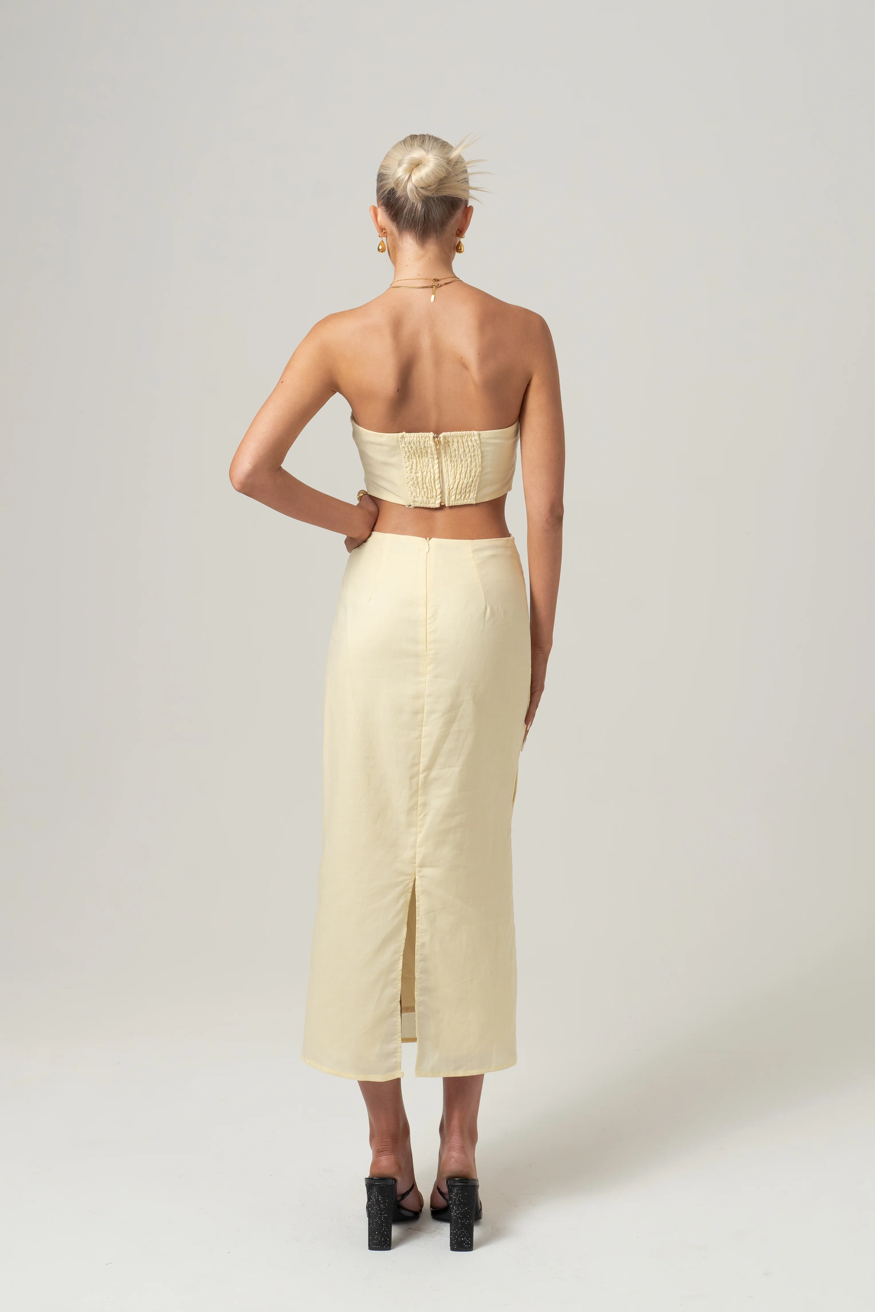 Kara Yellow Two Piece Strapless Top & Midi Skirt Set - Image 2