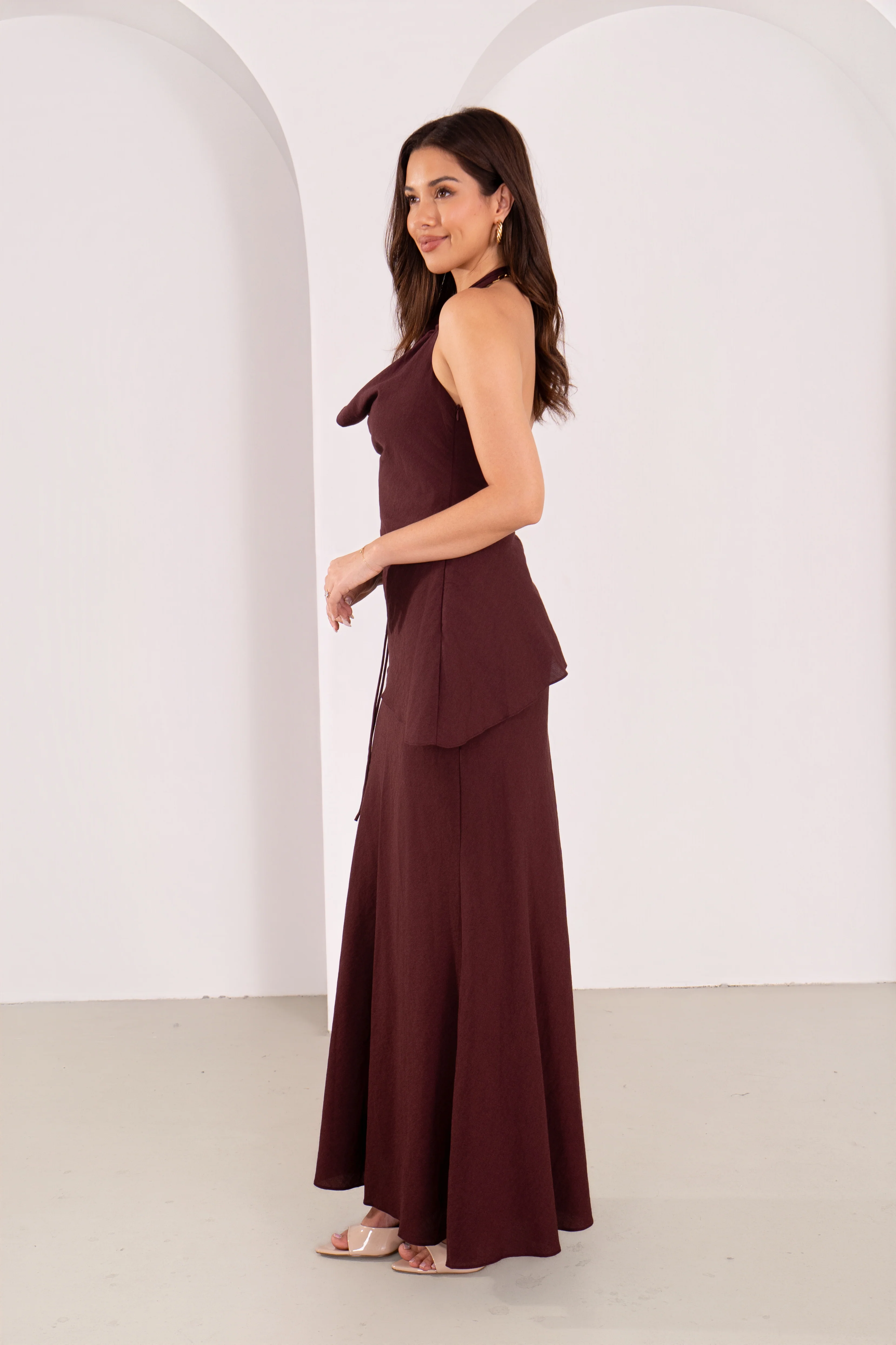 Kasmira Wine Halter Top with Tie & Maxi Skirt Set - Image 3