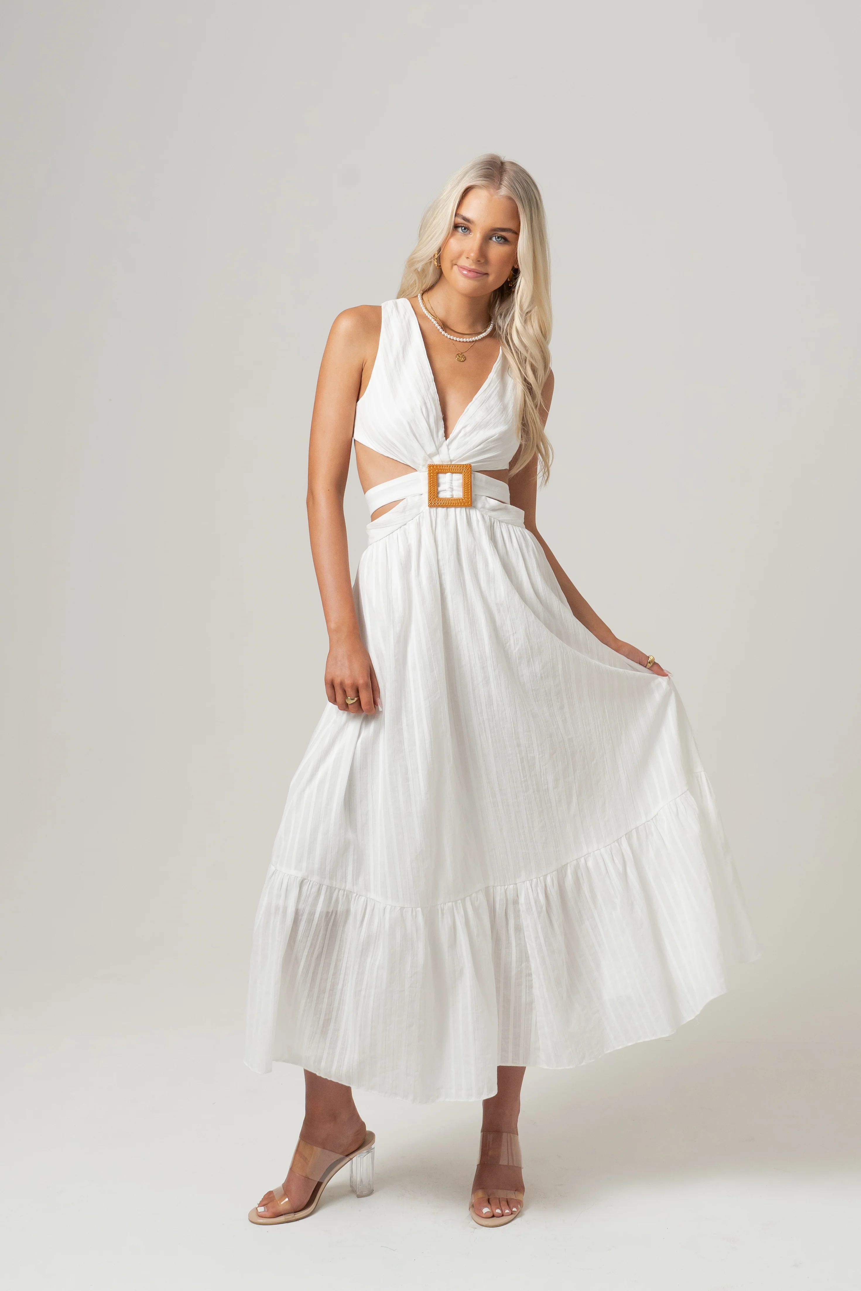 Katrina White Cross Back Midi Dress with Buckle