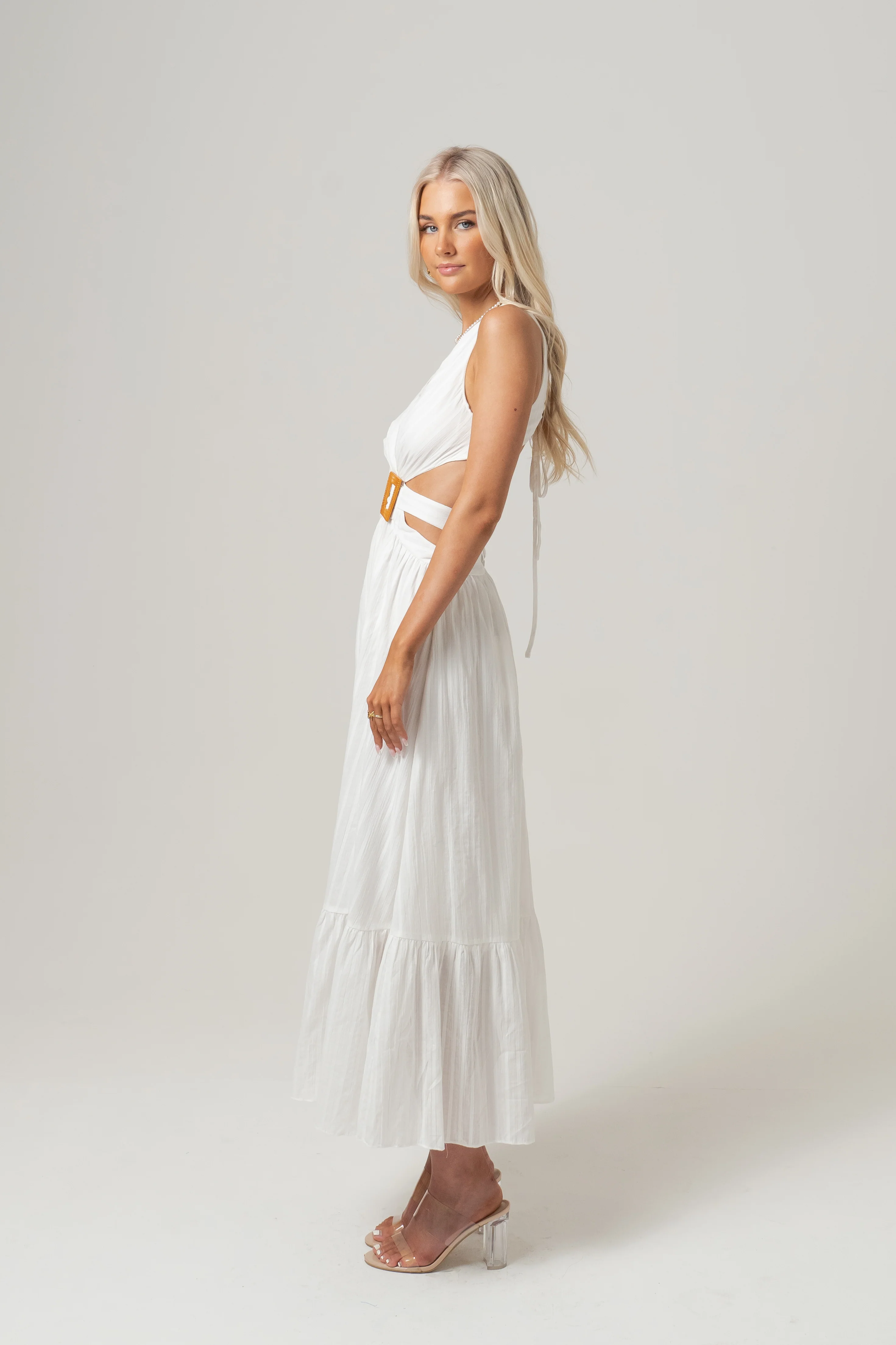 Katrina White Cross Back Midi Dress with Buckle - Image 2