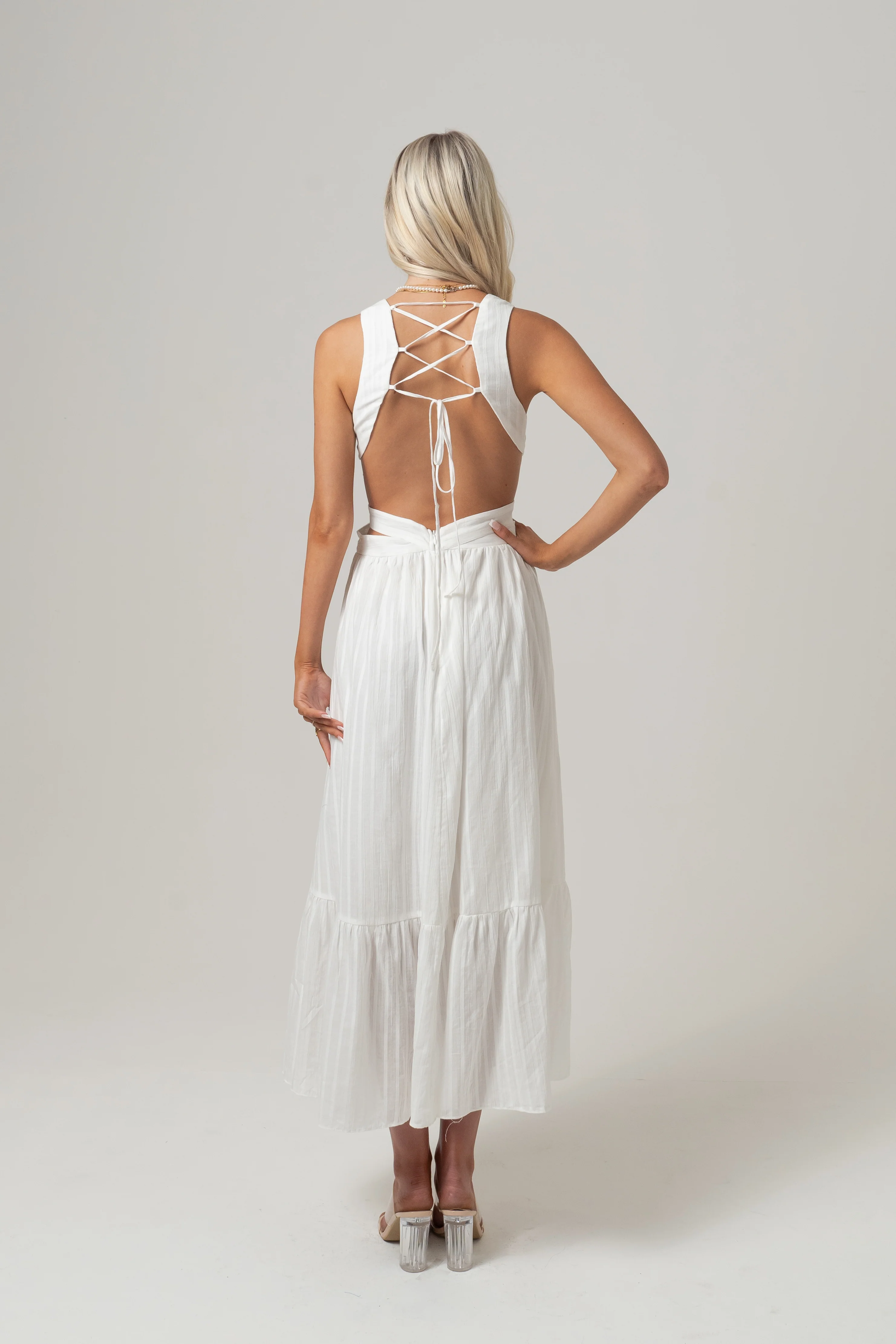 Katrina White Cross Back Midi Dress with Buckle - Image 3