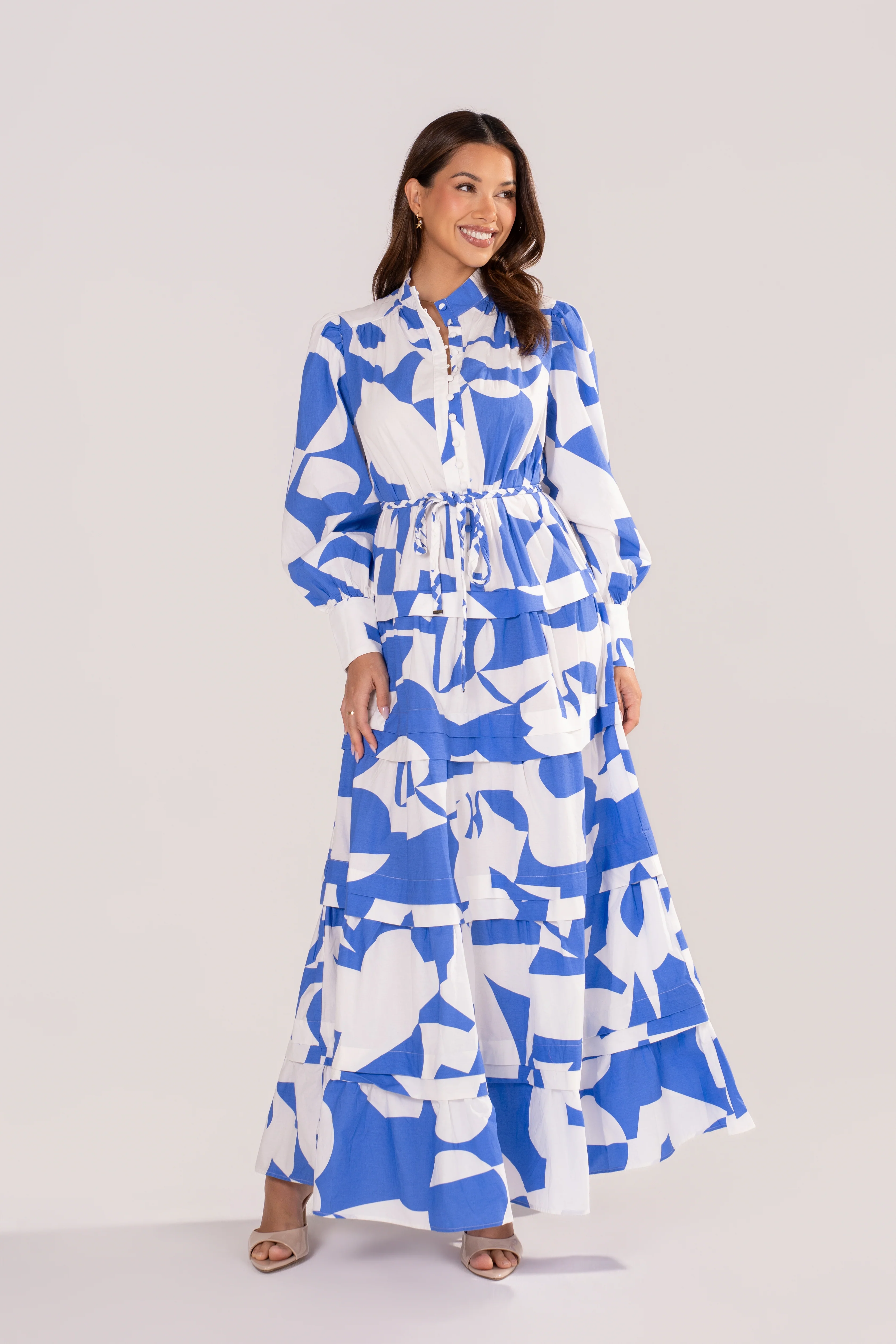 Kayla Blue Print Maxi Dress with Adjustable Waist Tie