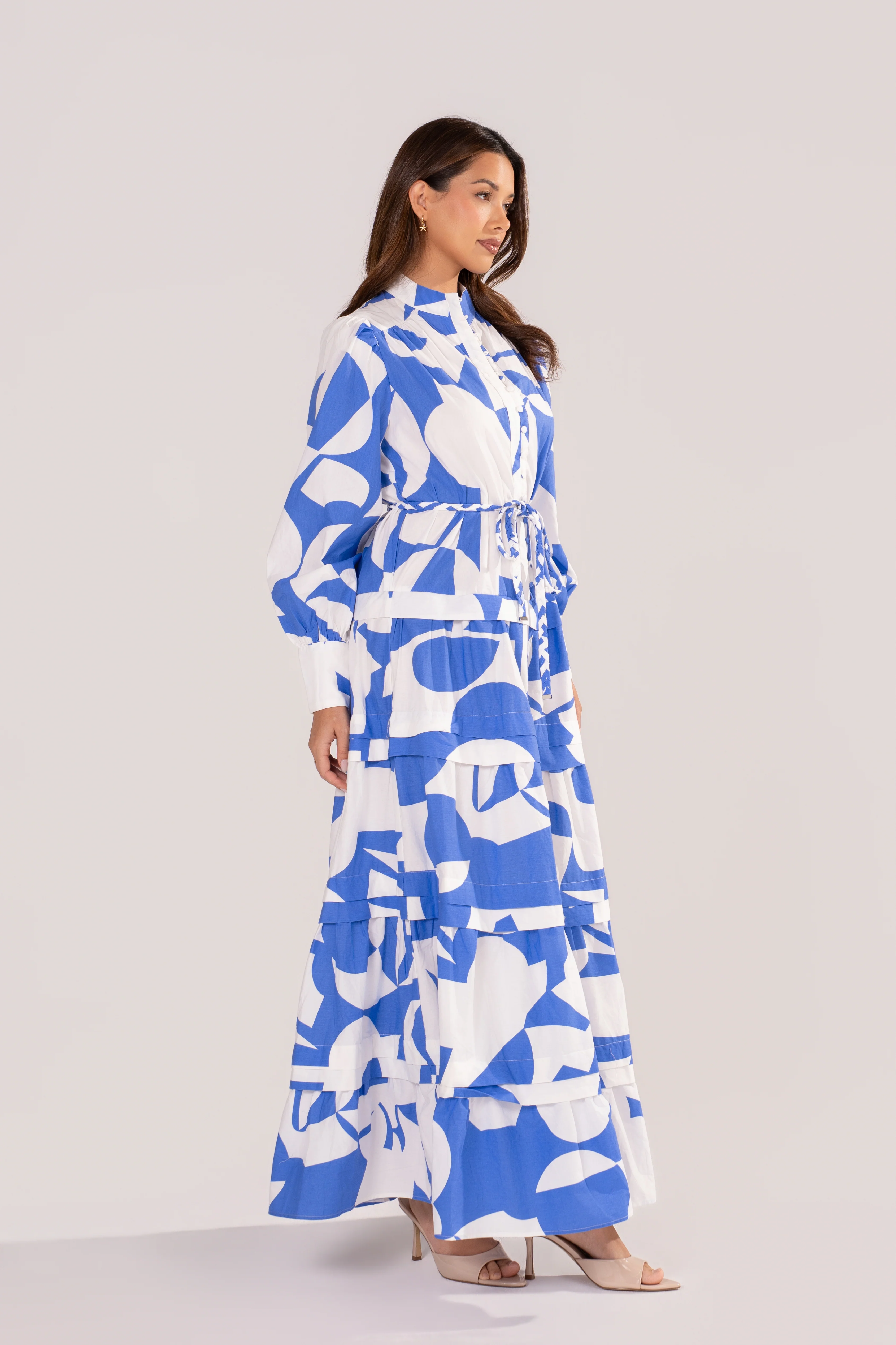 Kayla Blue Print Maxi Dress with Adjustable Waist Tie - Image 2