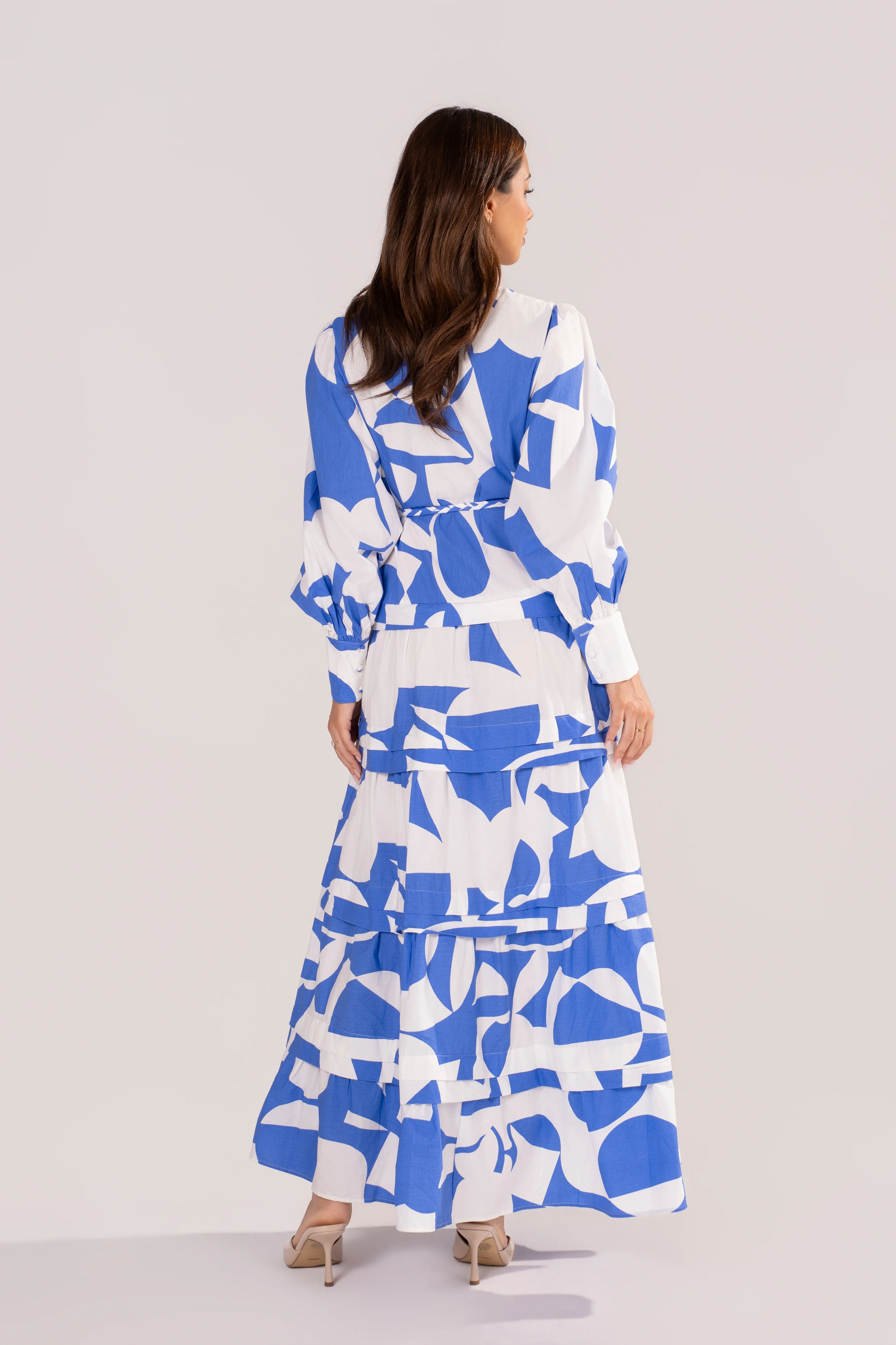 Kayla Blue Print Maxi Dress with Adjustable Waist Tie - Image 3
