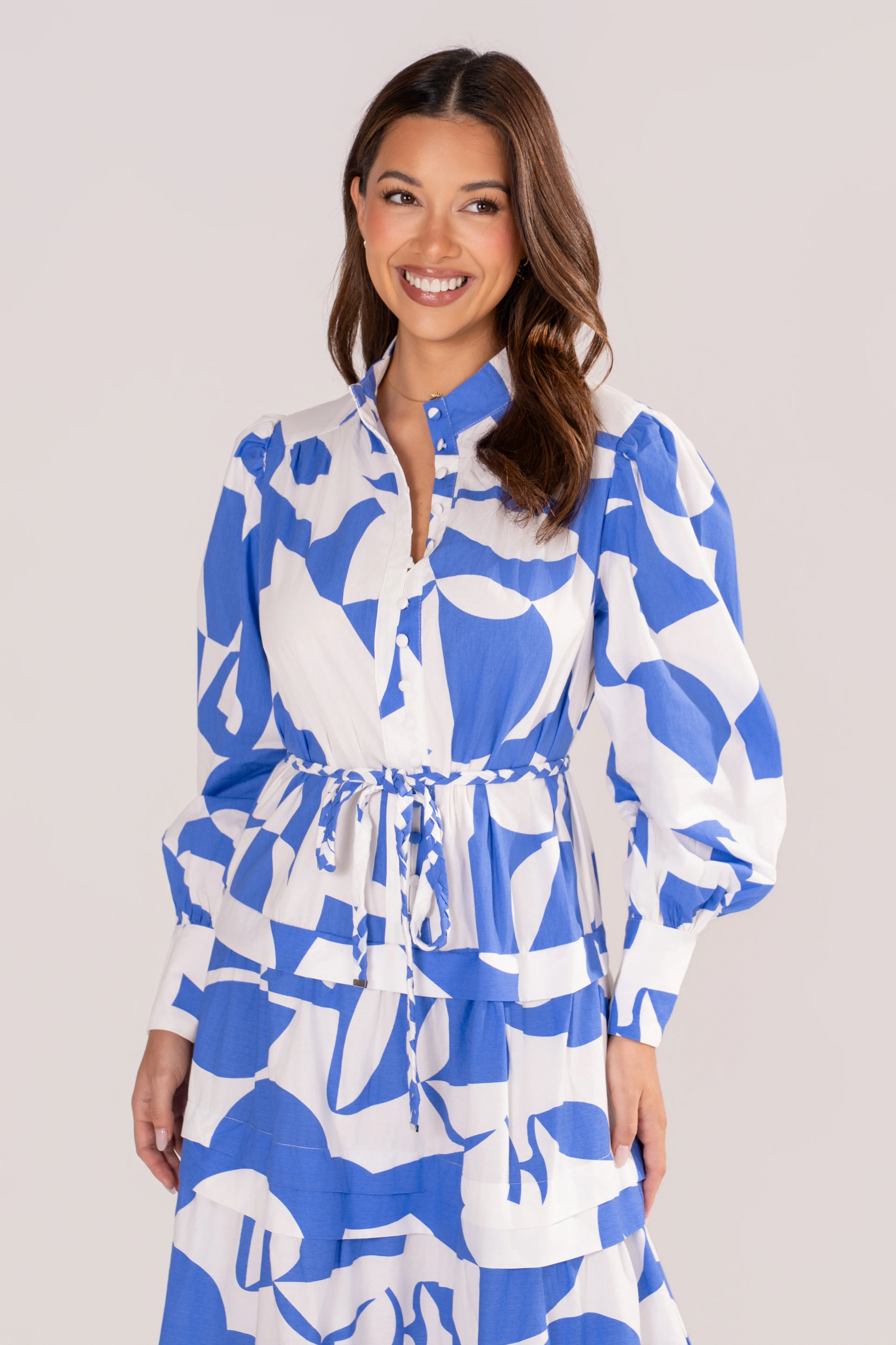 Kayla Blue Print Maxi Dress with Adjustable Waist Tie - Image 4