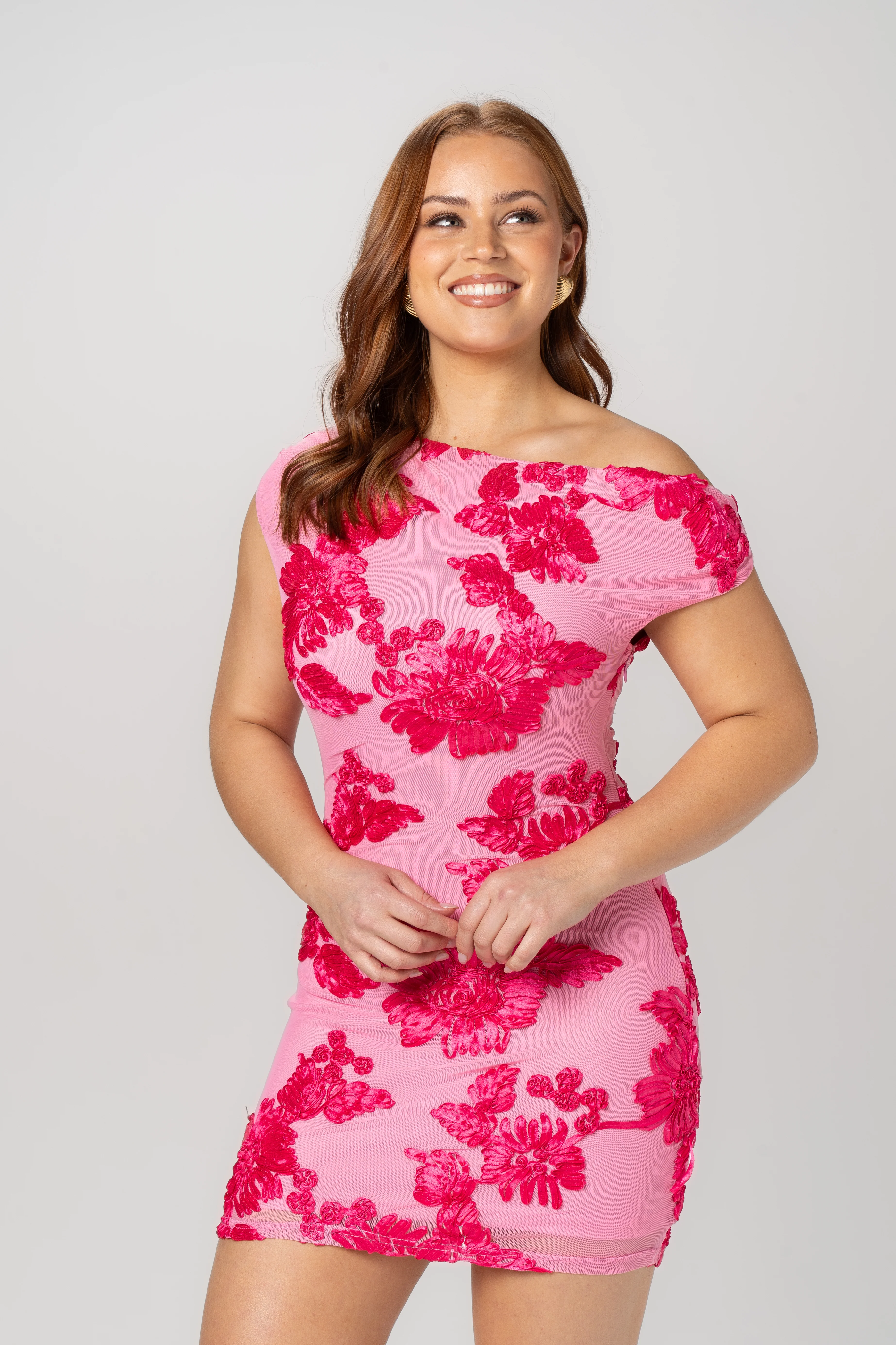 Kelly Pink Floral Drop Shoulder Mini Dress