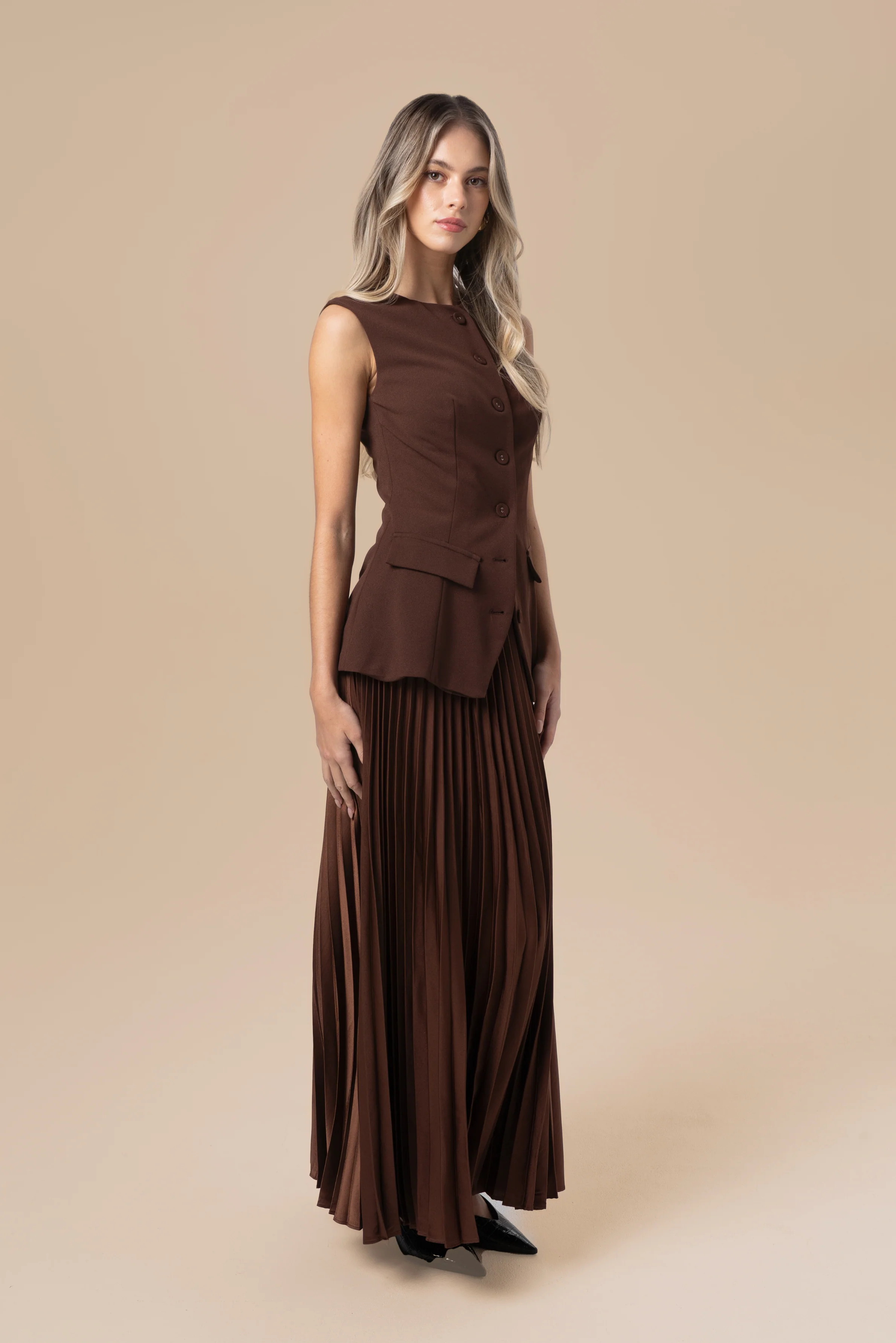 Kendra Chocolate Two-Piece Set - Vest Top & Pleated Maxi Skirt - Image 2