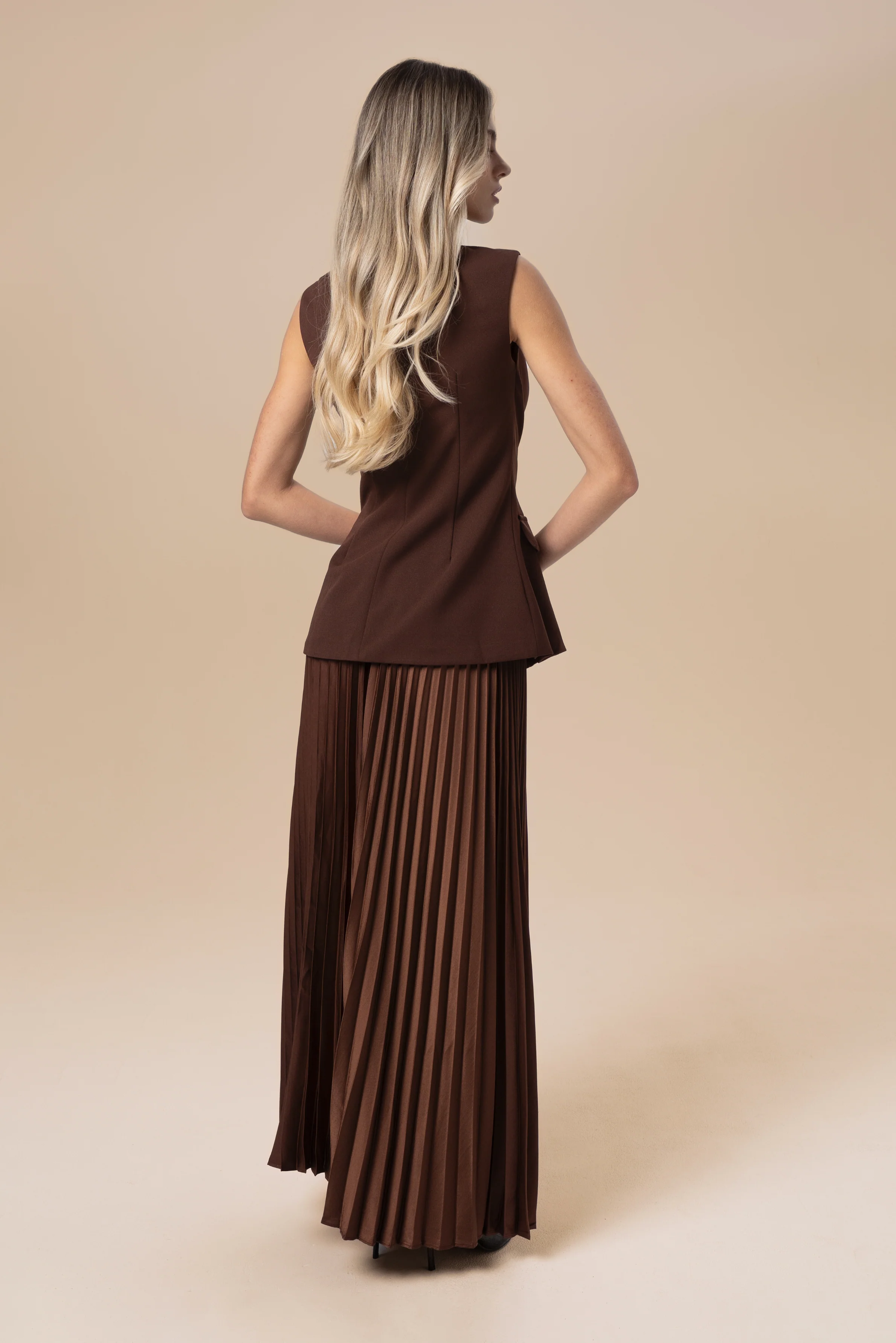 Kendra Chocolate Two-Piece Set - Vest Top & Pleated Maxi Skirt - Image 3