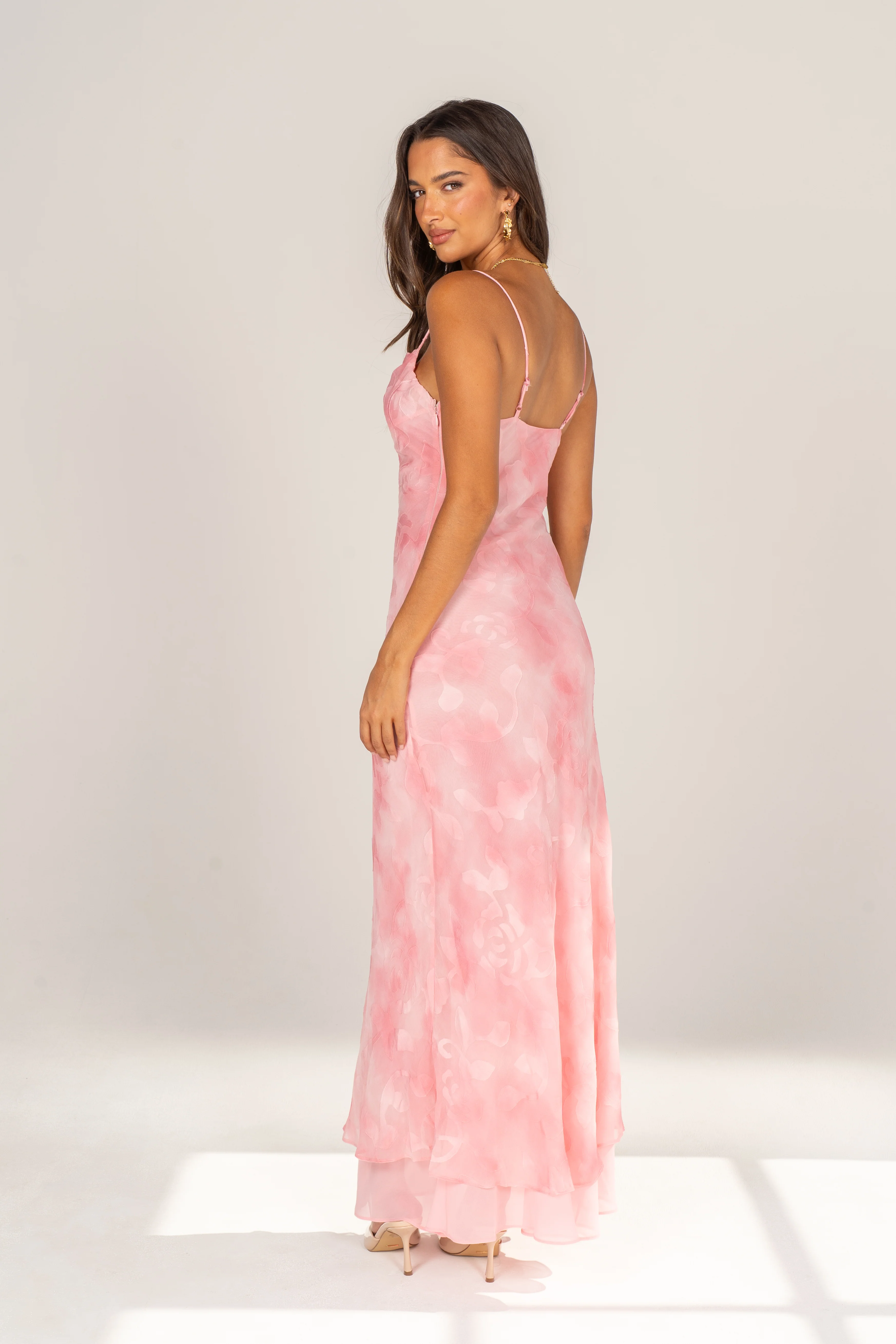 Kyla Pink Cowl Neck Slip Dress with Layered Hem - Image 3