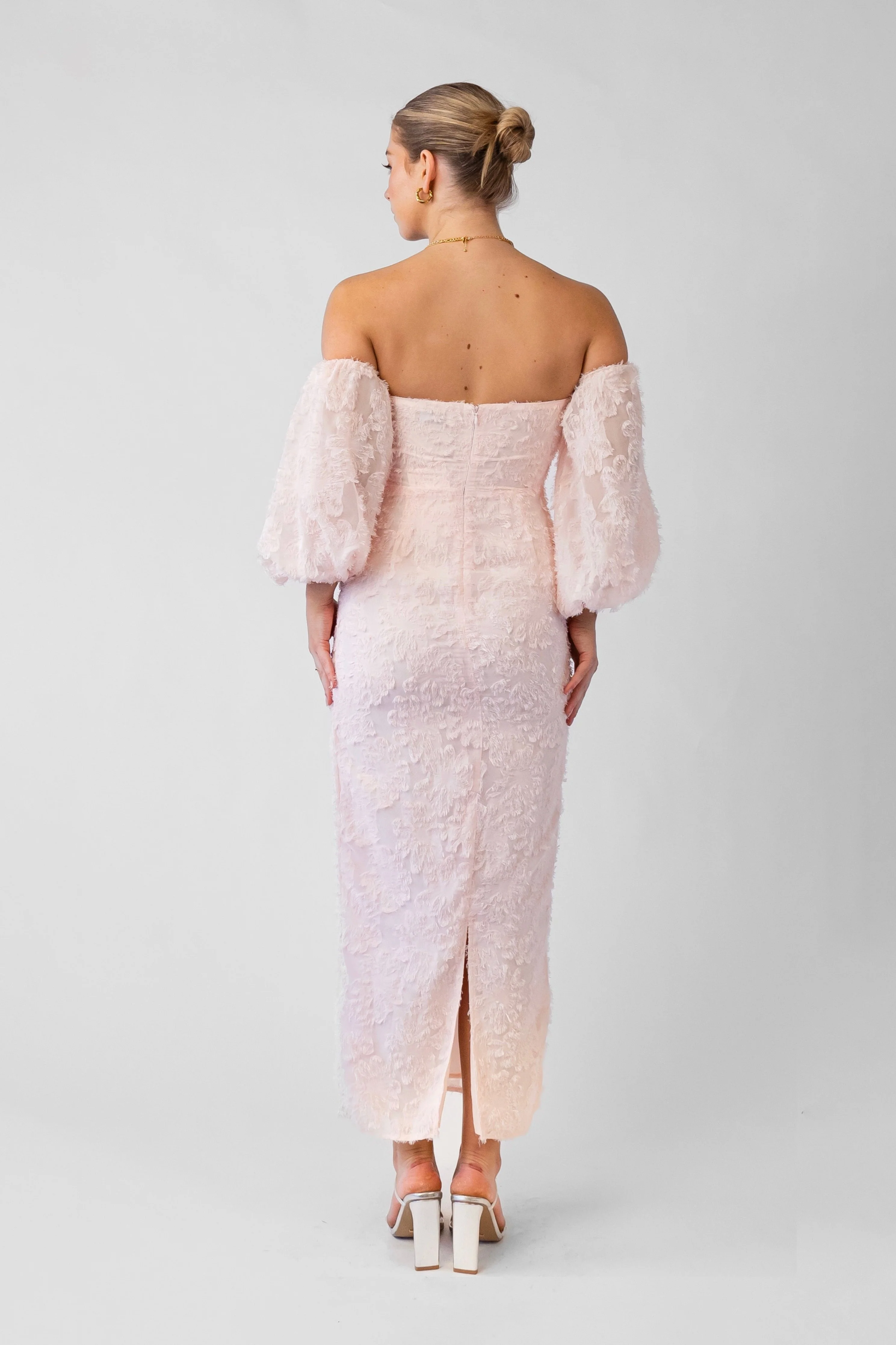 Kylie Off-Shoulder Blush Midi Dress with Puffed Sleeves - Image 3