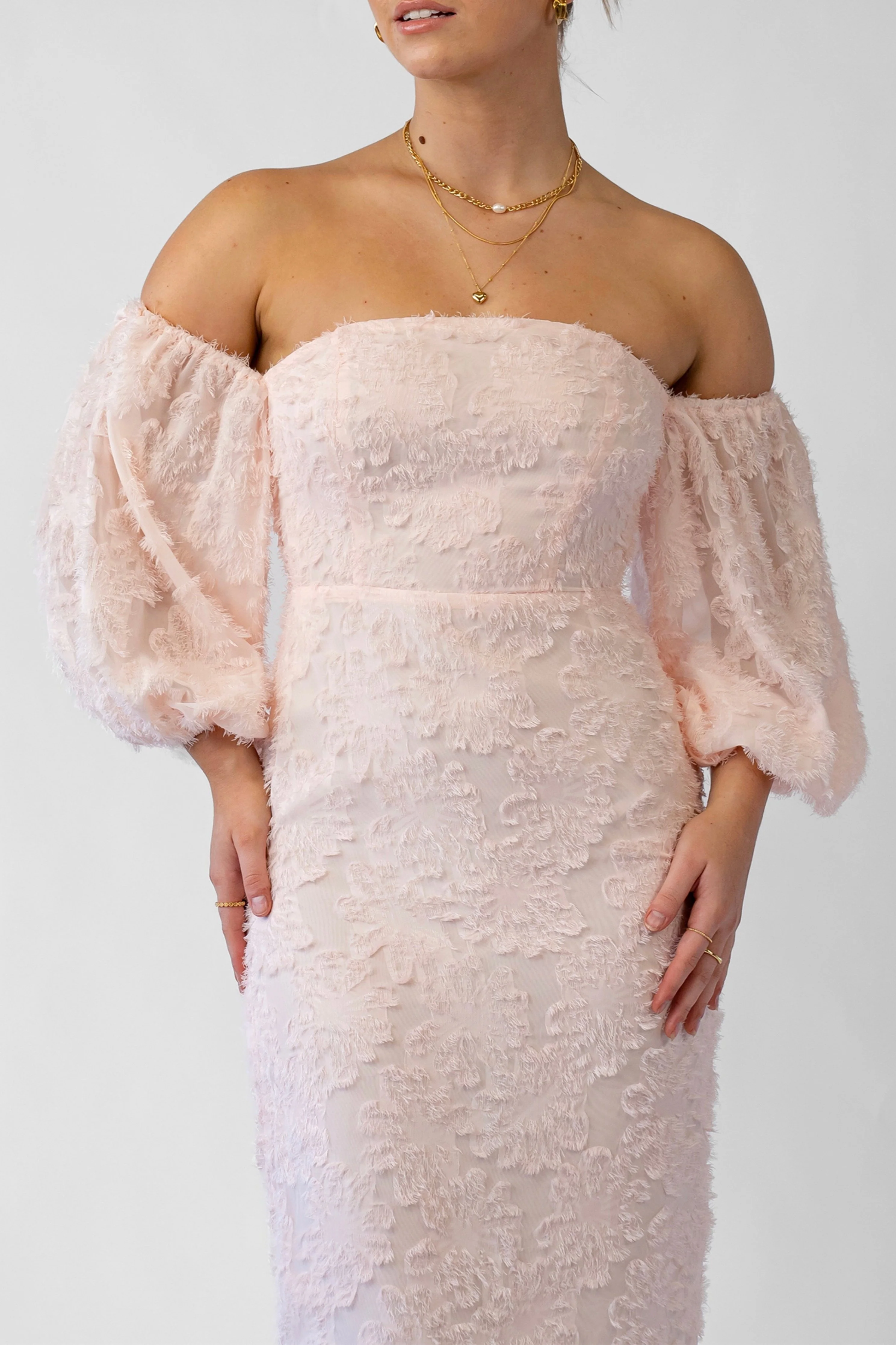 Kylie Off-Shoulder Blush Midi Dress with Puffed Sleeves - Image 4