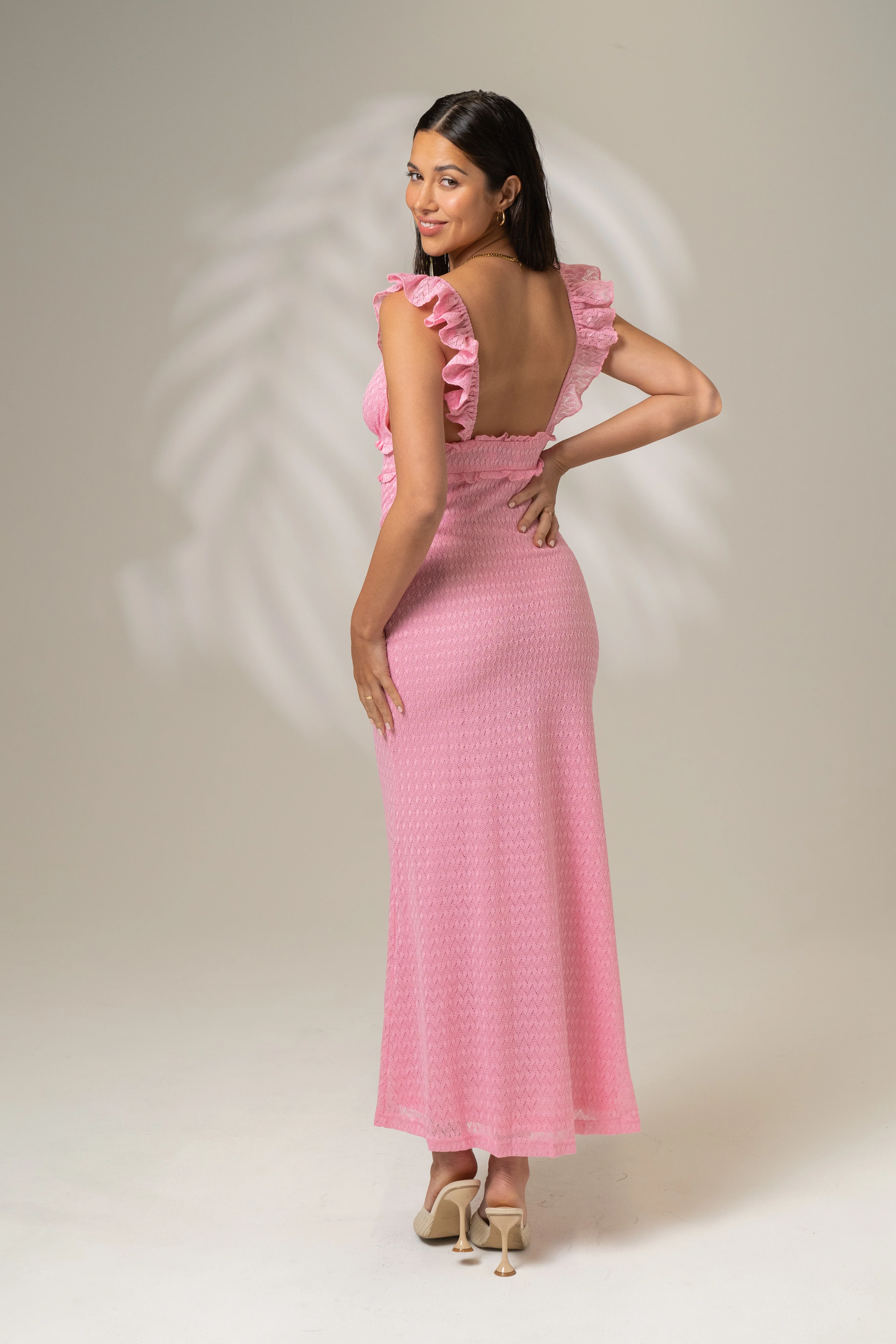 Lara Pink Dress with Frill Trims - Image 3