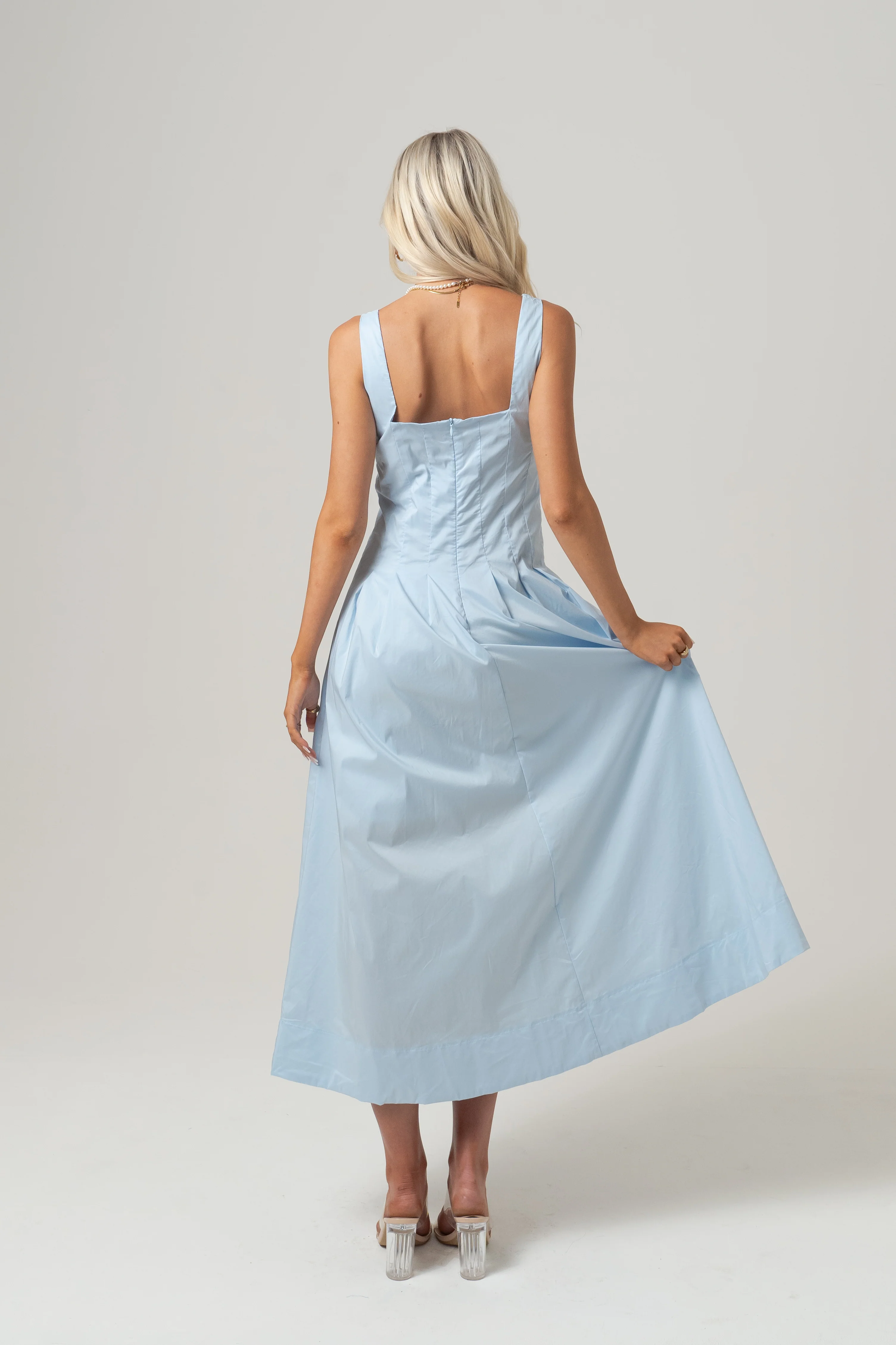 Laura Blue Midi Dress with Pleated Trims - Image 3