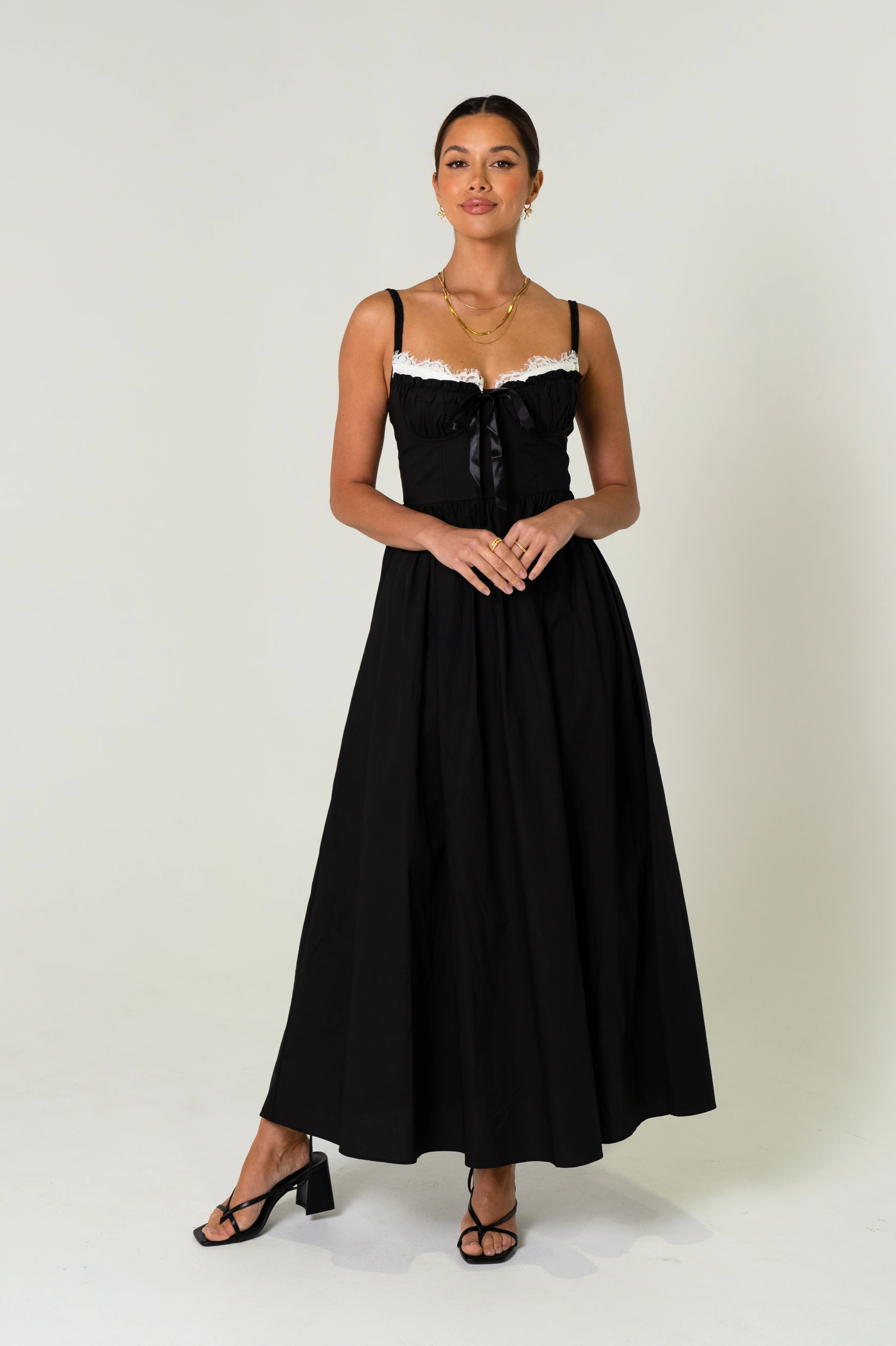 Lena Black Maxi Dress with  Contrast Lace Details