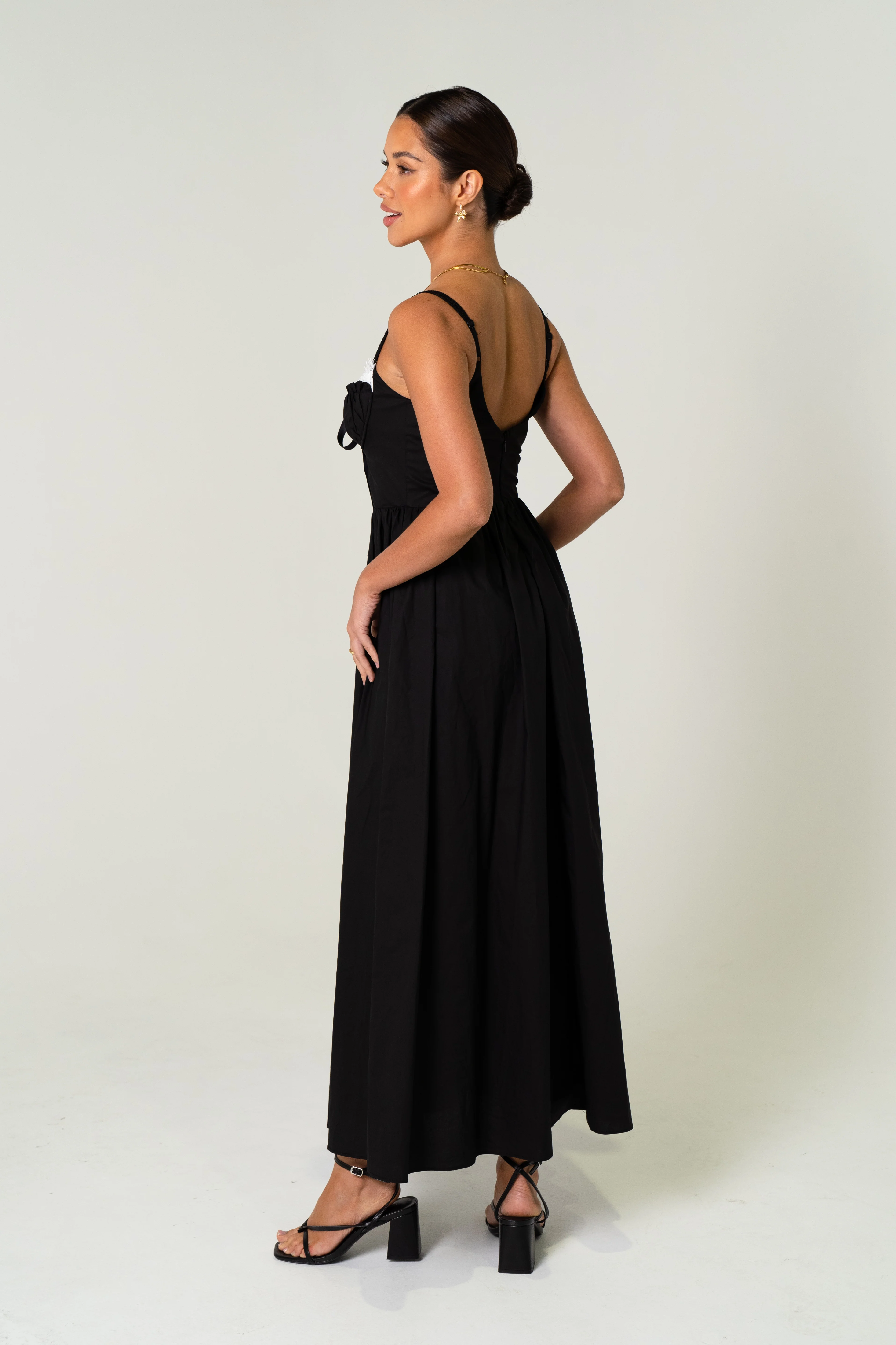 Lena Black Maxi Dress with  Contrast Lace Details - Image 2