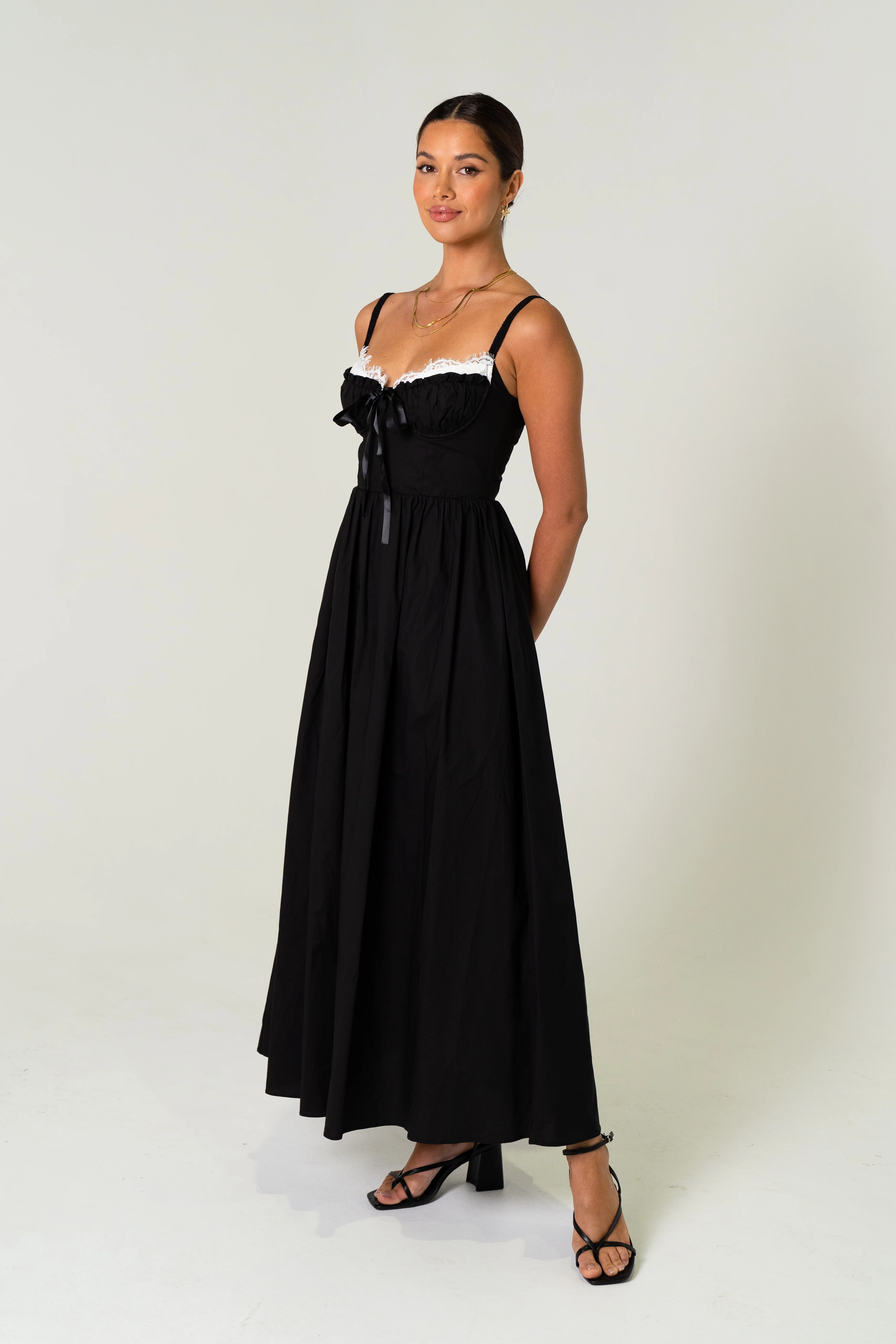 Lena Black Maxi Dress with  Contrast Lace Details - Image 3