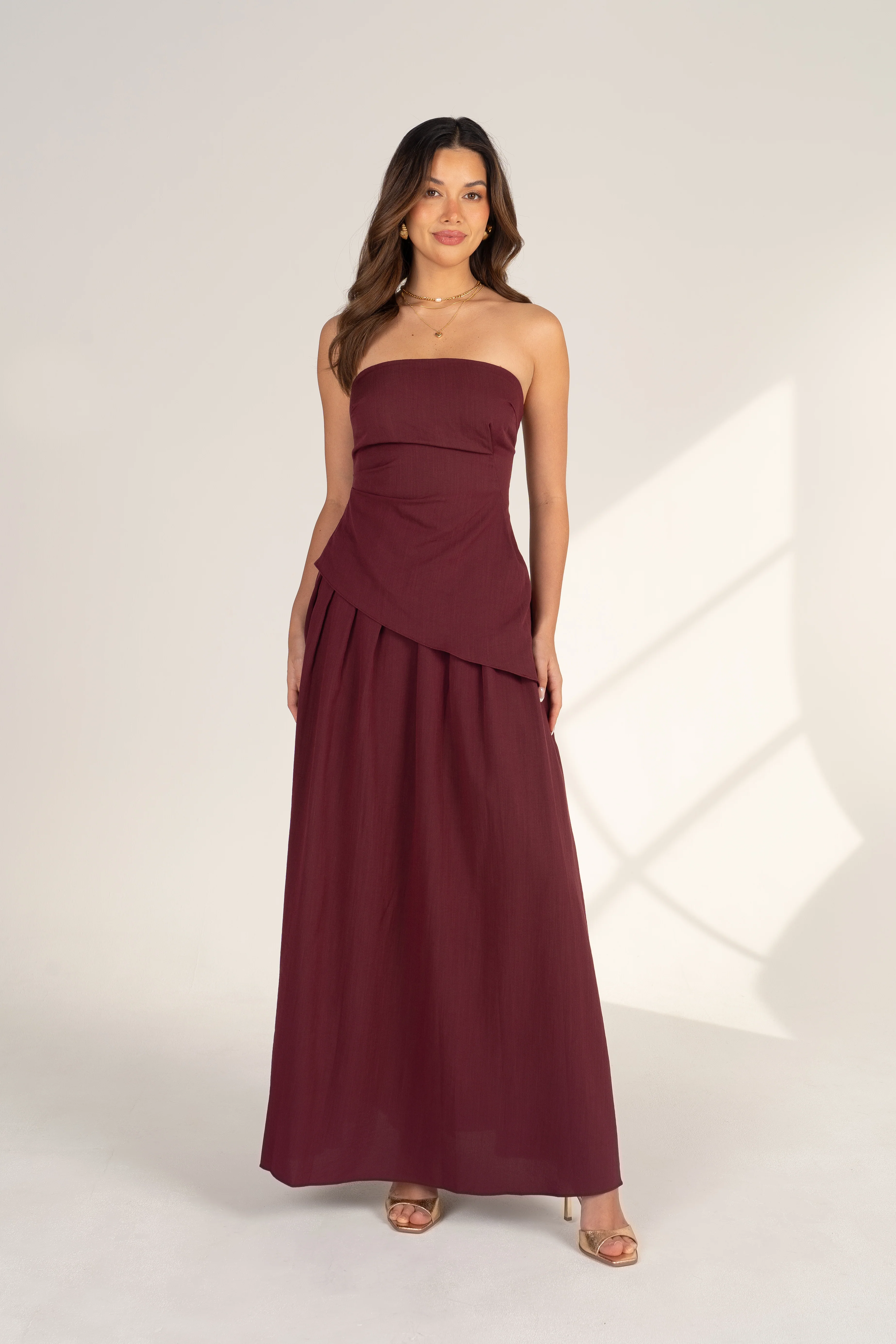 Lillian Plum Two Piece Set - Strapless Top & Pleated Maxi Skirt