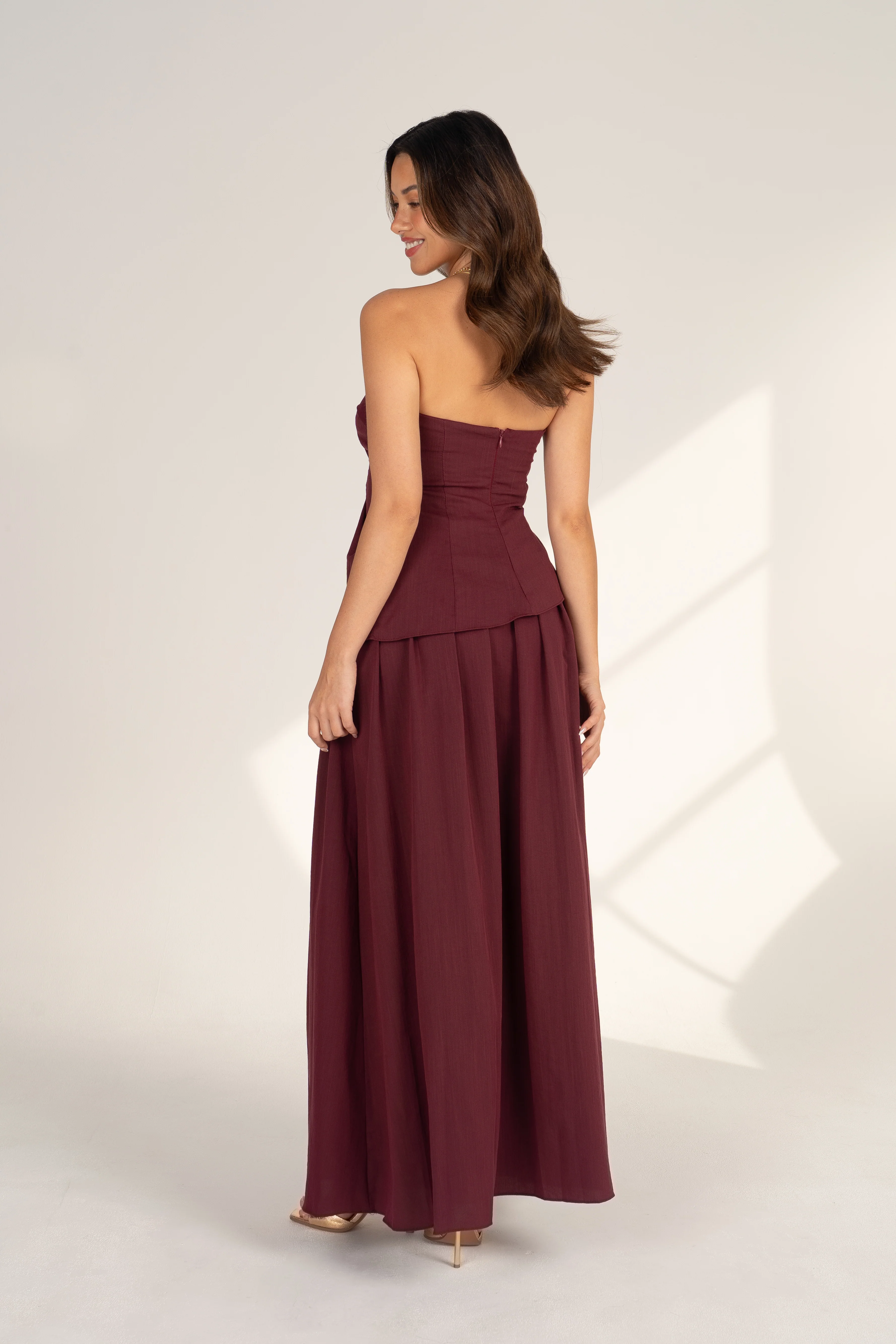 Lillian Plum Two Piece Set - Strapless Top & Pleated Maxi Skirt - Image 3