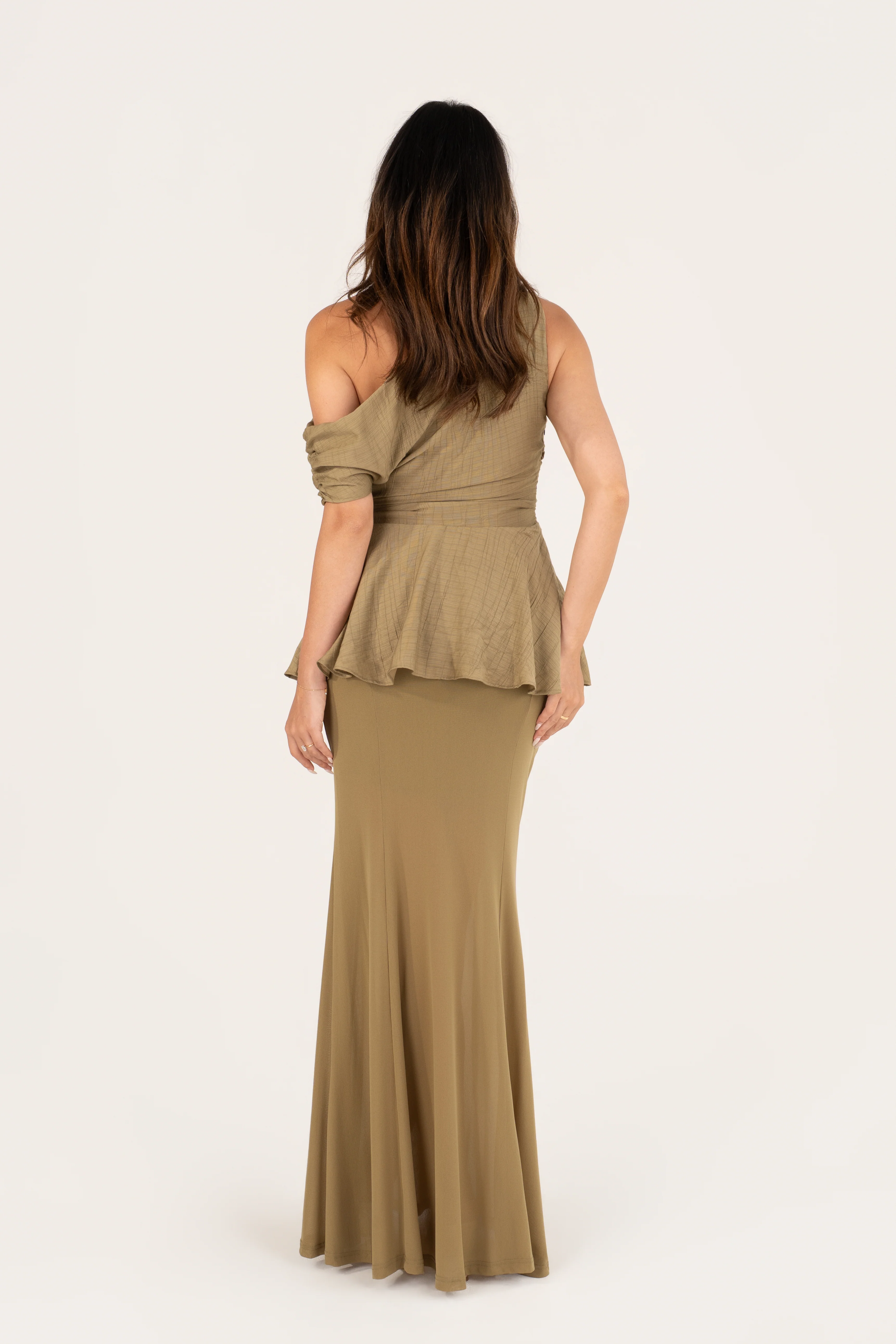 Loryn Olive Drop Shoulder Peplum Top & Maxi Skirt - Image 3