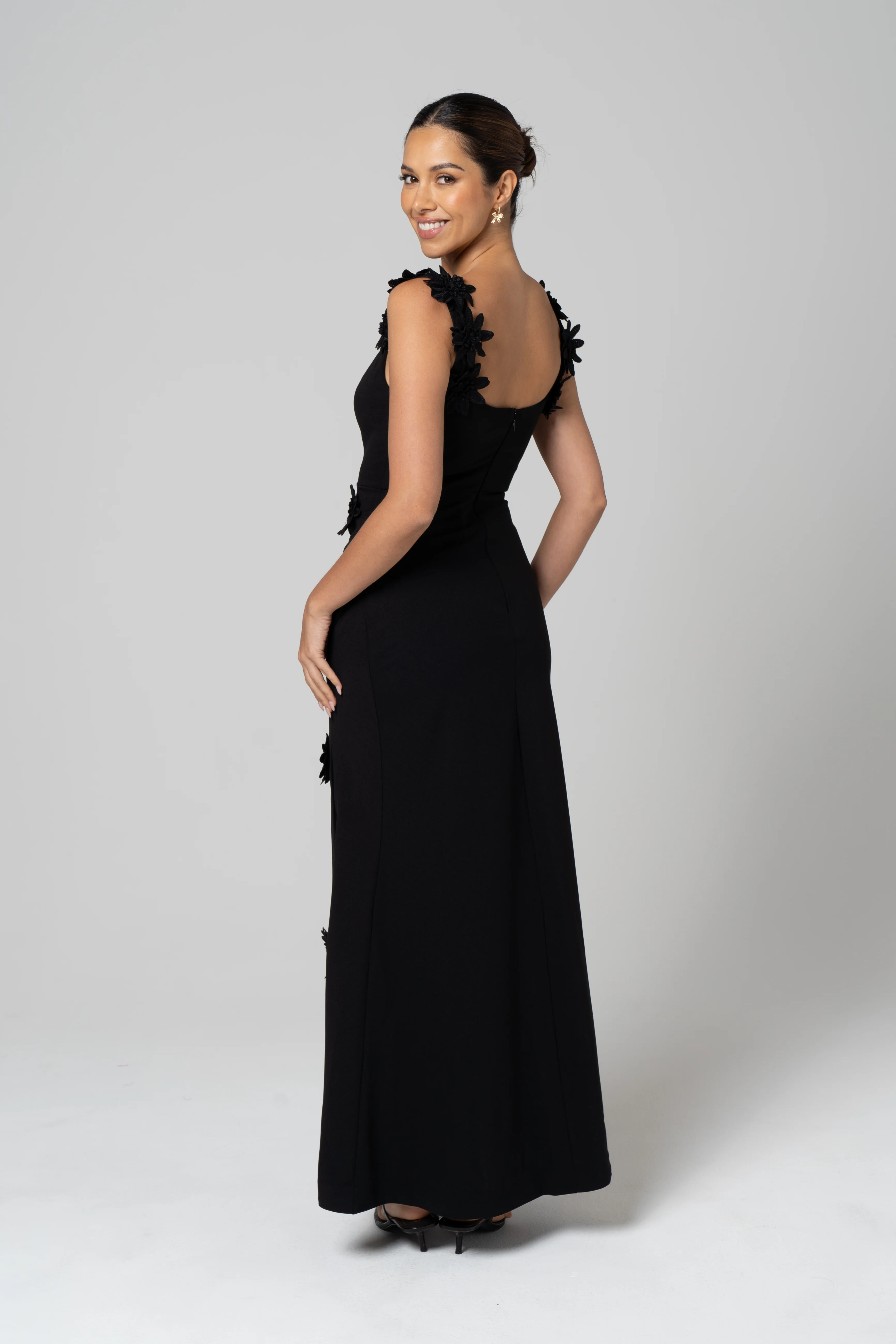 Luciana Black Maxi Dress with 3D Flowers - Image 3