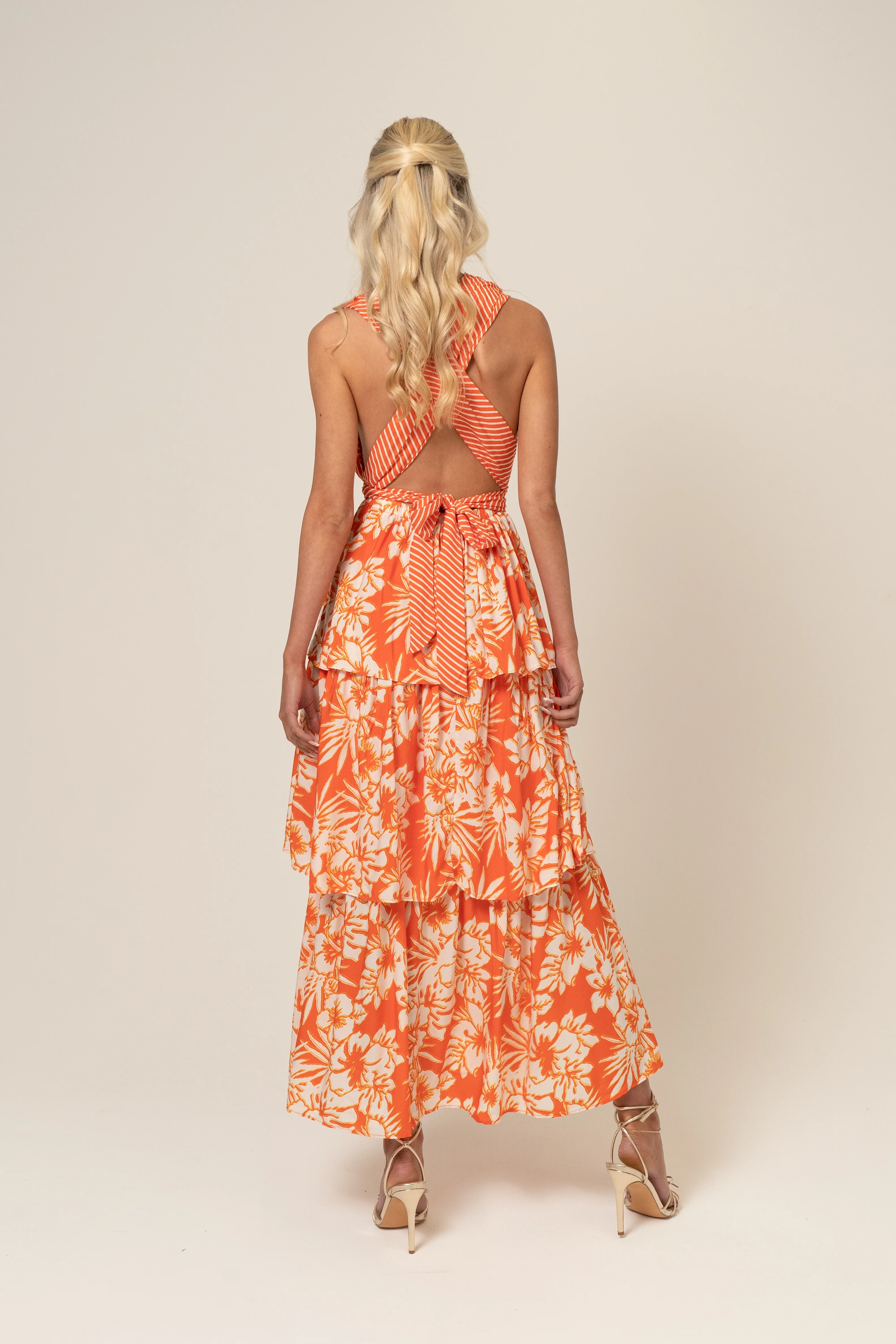 Lydia Orange Print Cross Back Maxi Dress - Image 3