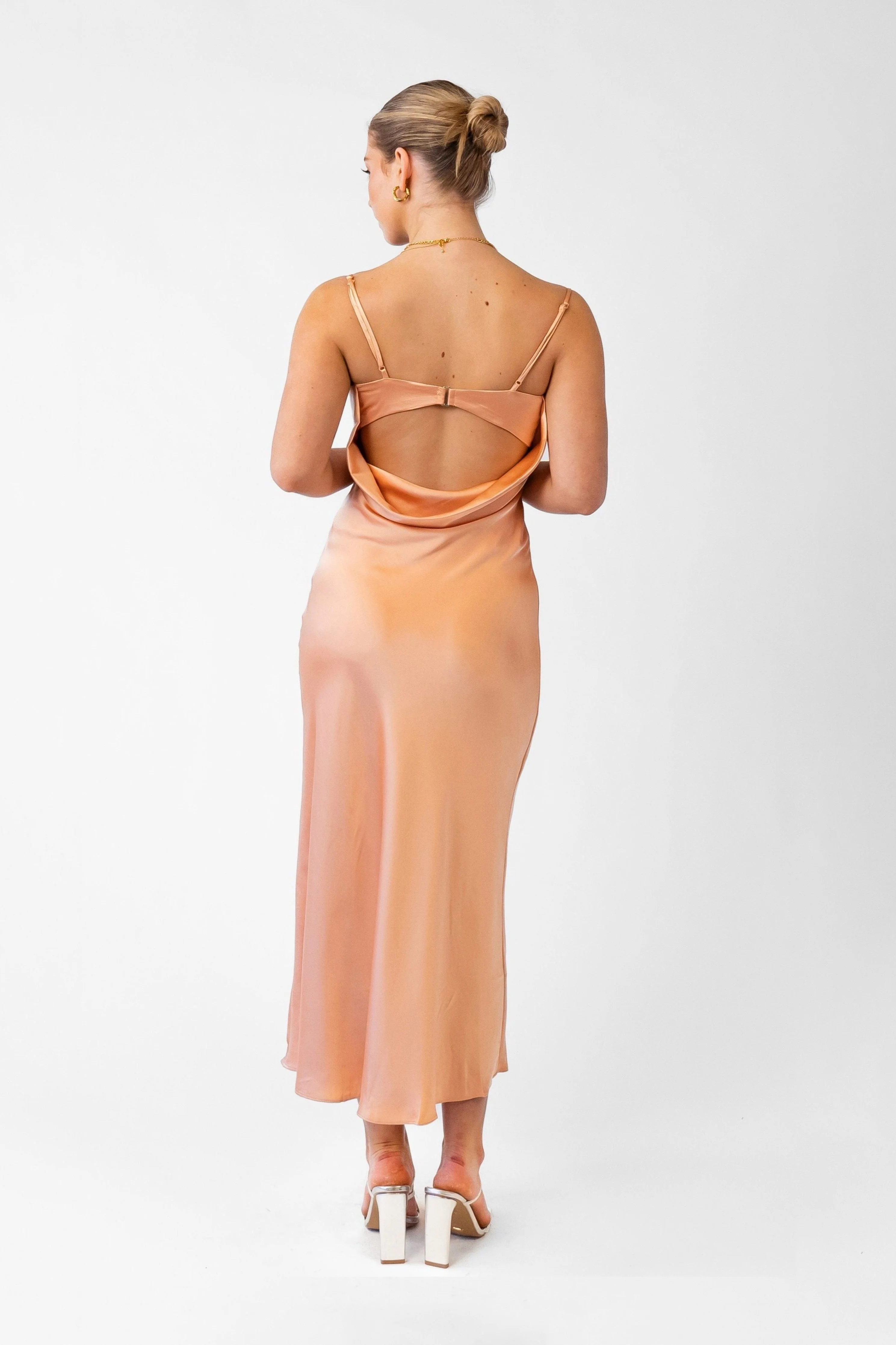 Maddy Peach Satin Midi Slip Dress - Image 3