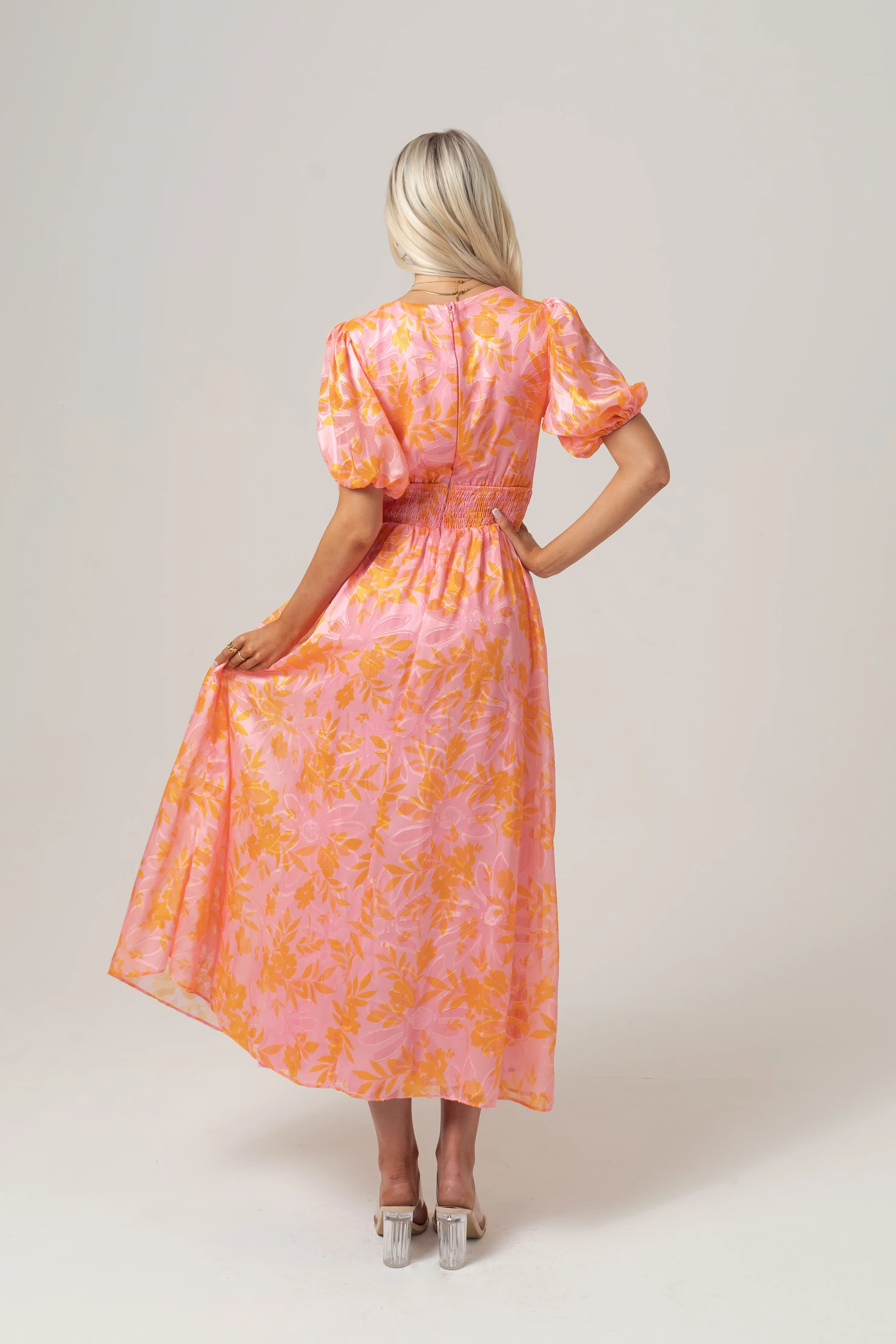 Madeline Pink Floral Print Midi Dress with Puff Sleeves - Image 3