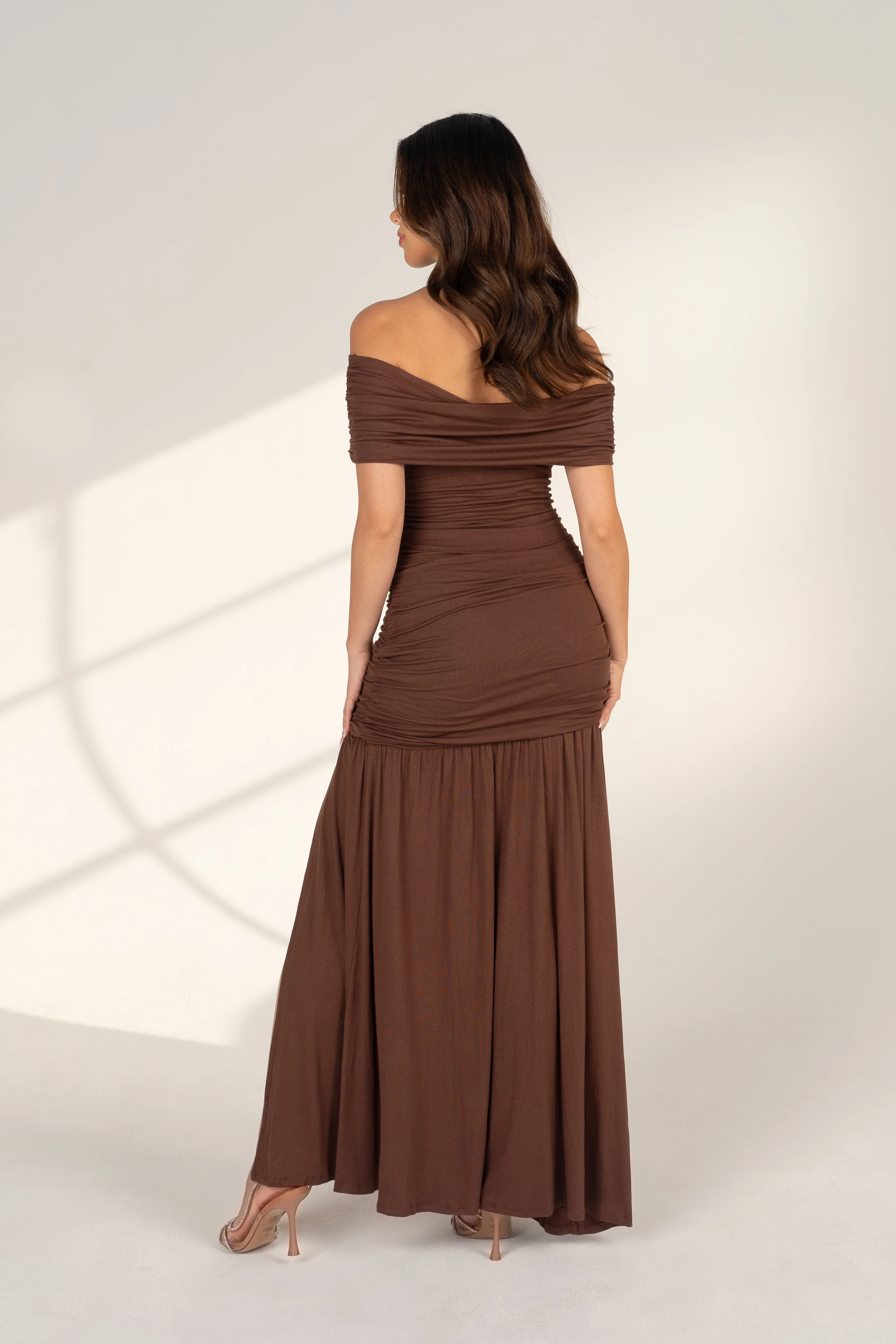Marceline Off-Shoulder Chocolate Maxi Dress - Image 3