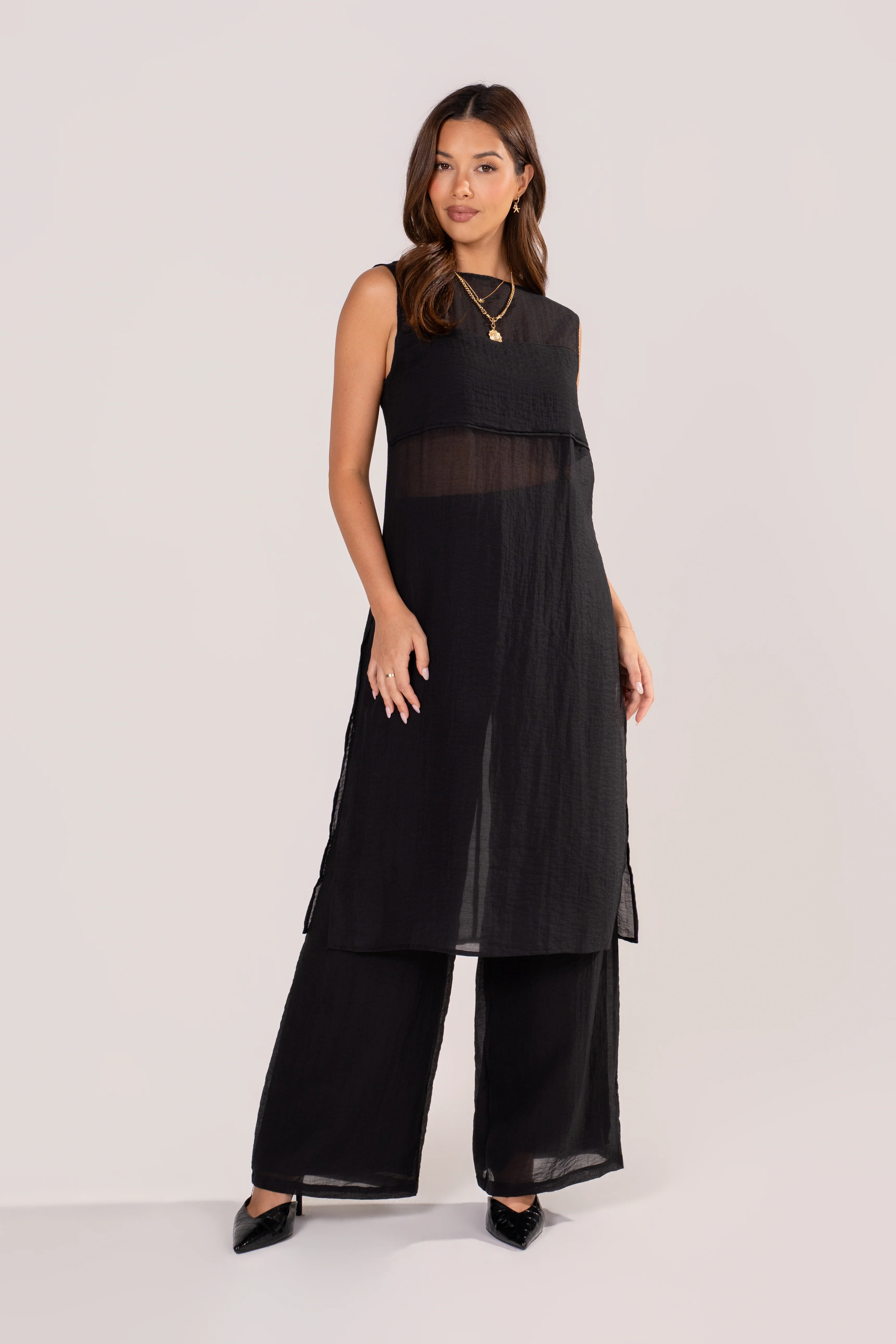 Margaux Black Sheer Tunic & Wide Leg Pant Set