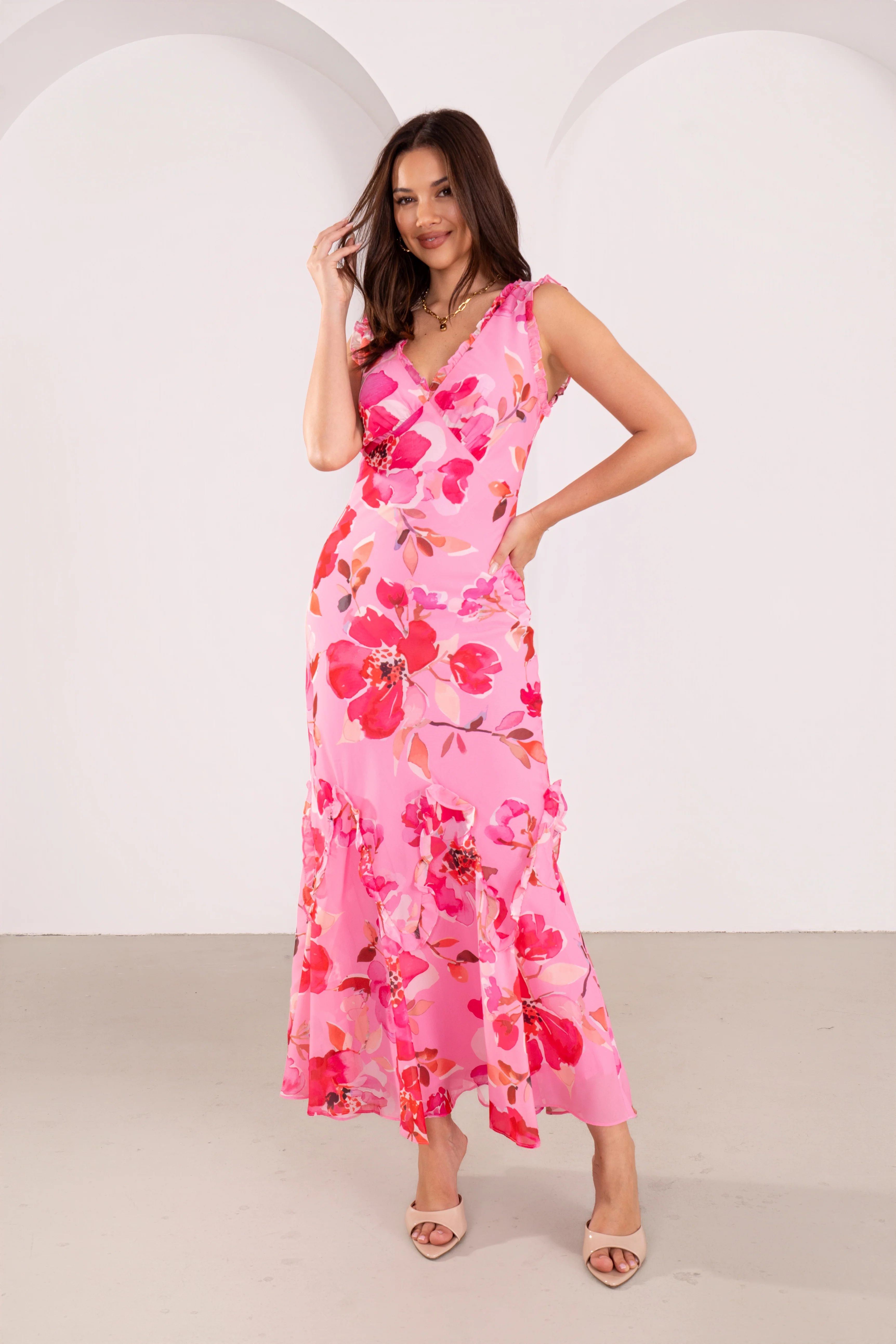 Marie Pink Floral Ruffle Maxi