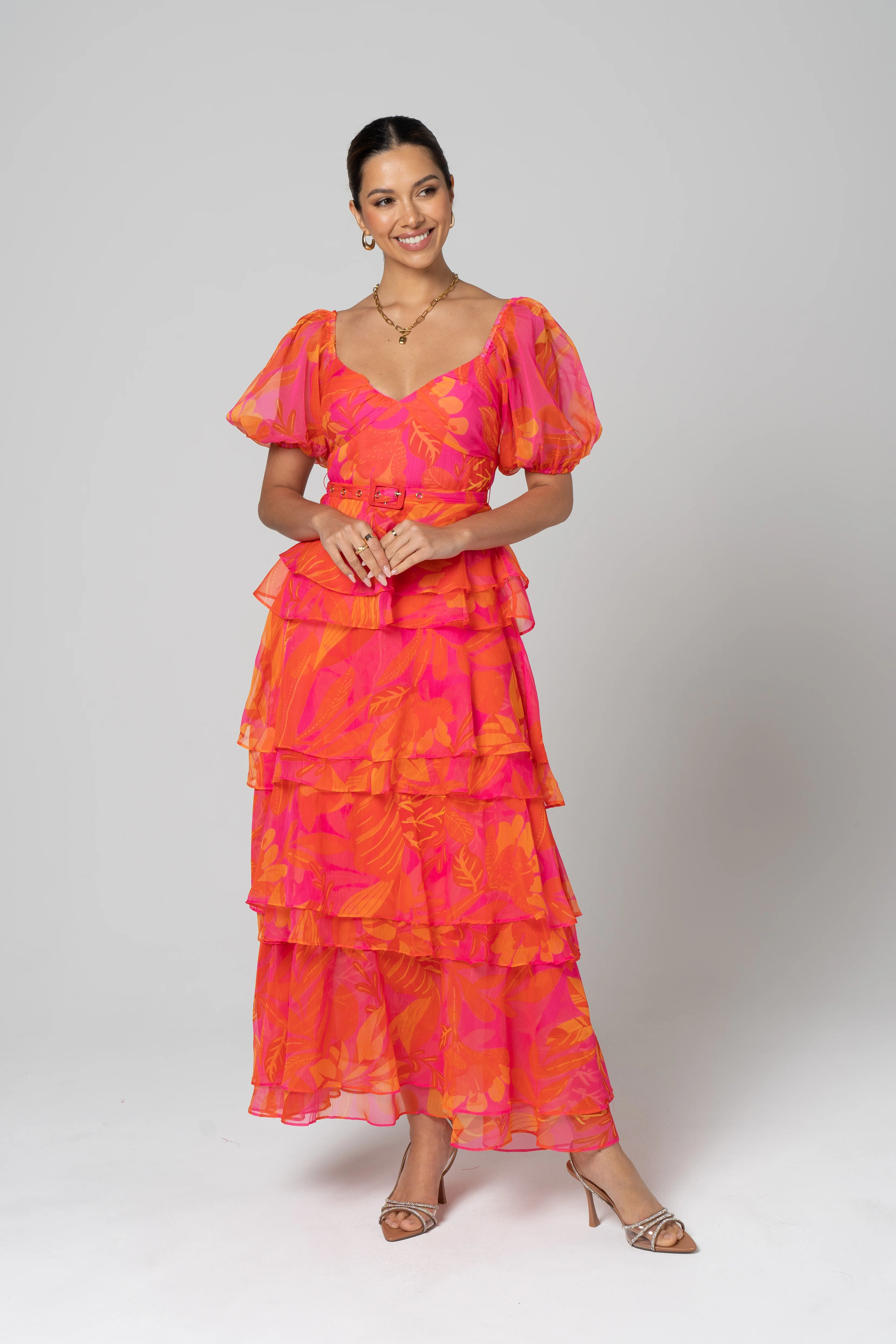 Mariposa Pink Tiered Maxi Dress with Detachable Belt - Image 3