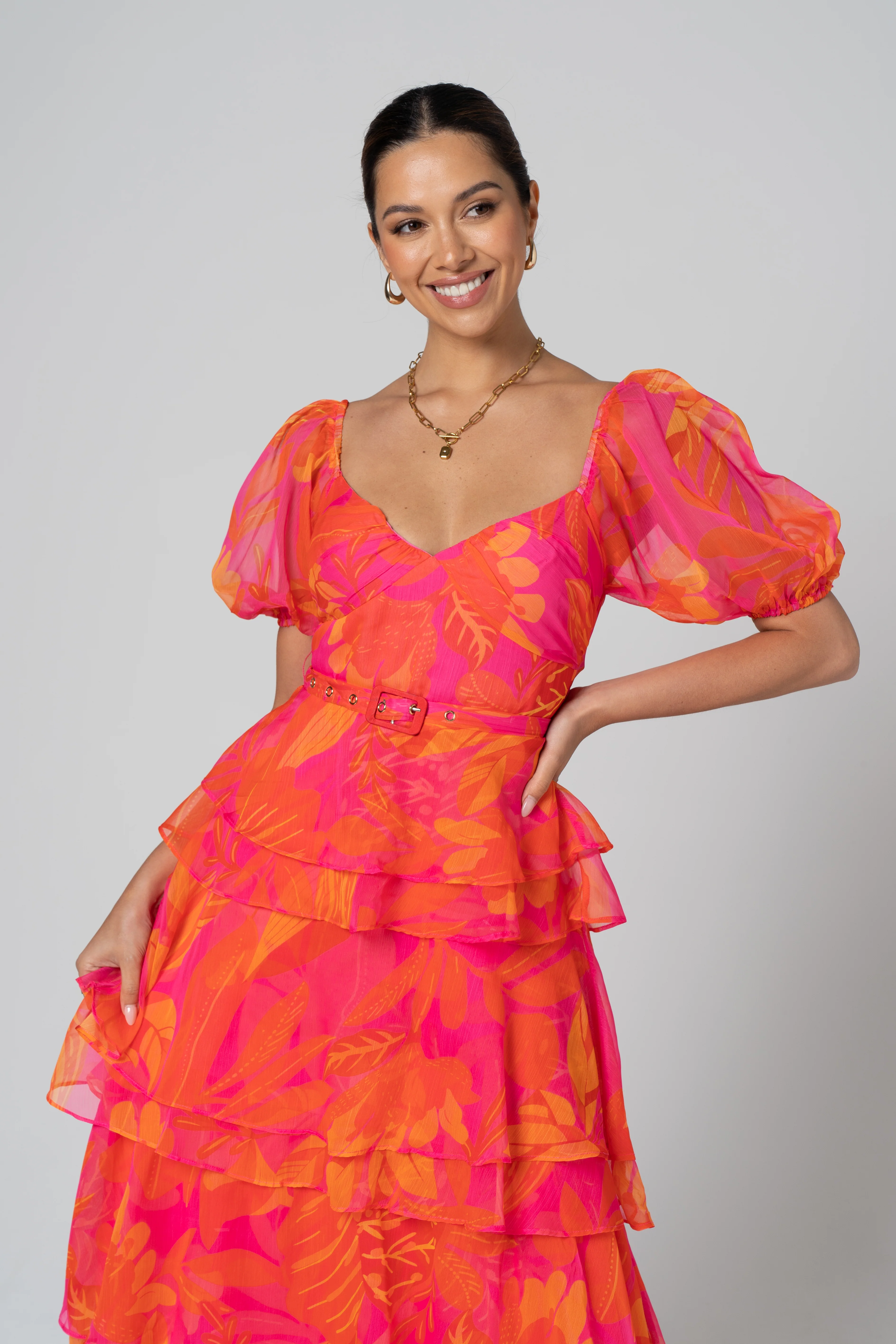 Mariposa Pink Tiered Maxi Dress with Detachable Belt - Image 4