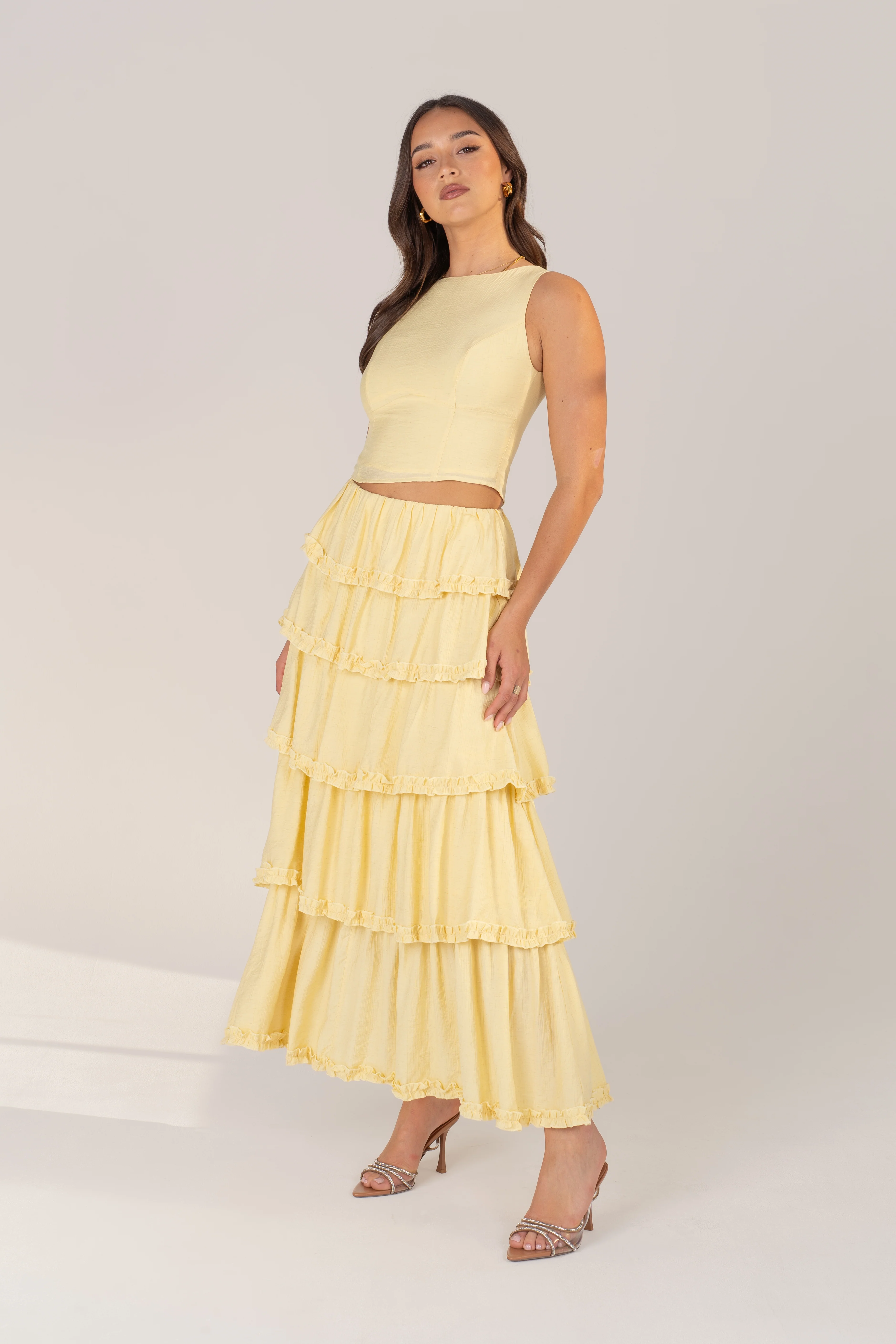 Melody Two-Piece Set - Yellow Sleeveless Top & Layered Ruffle Skirt - Image 2