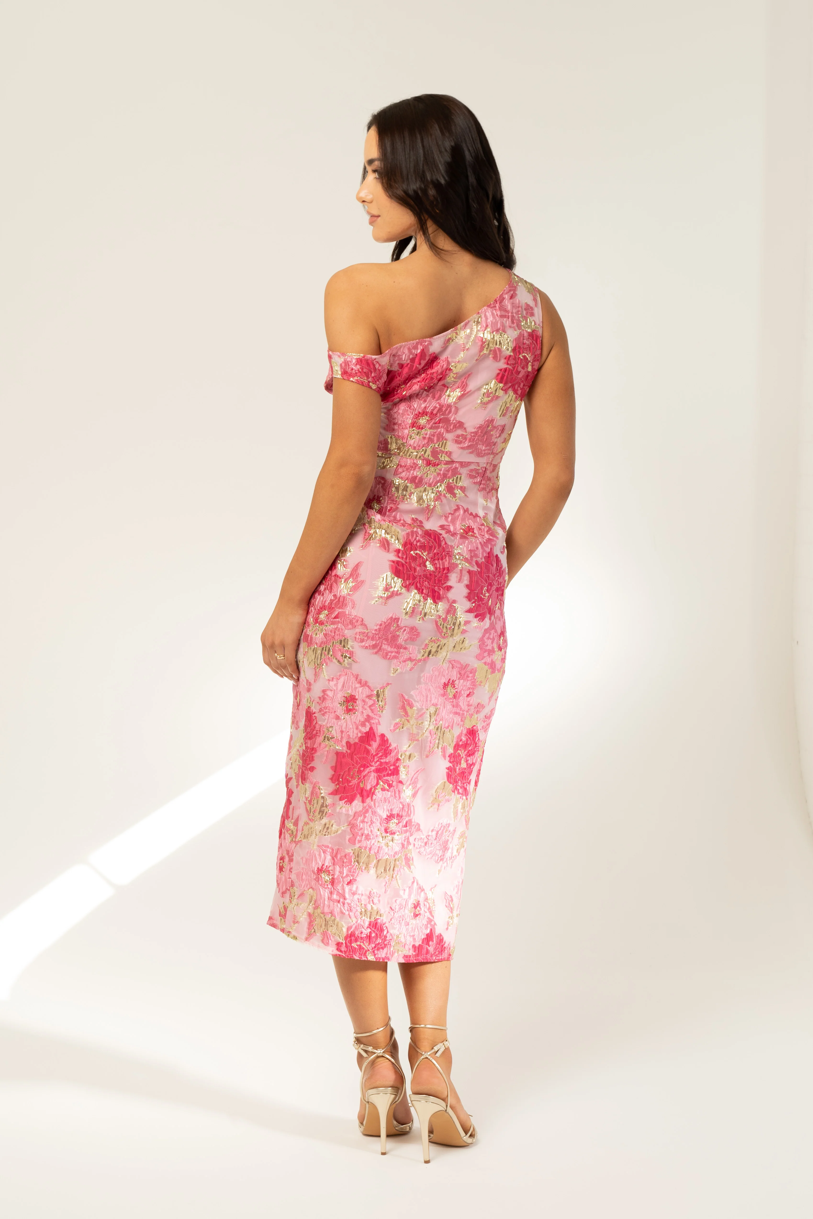 Michele Drop Shoulder Pink Floral Midi Dress - Image 3