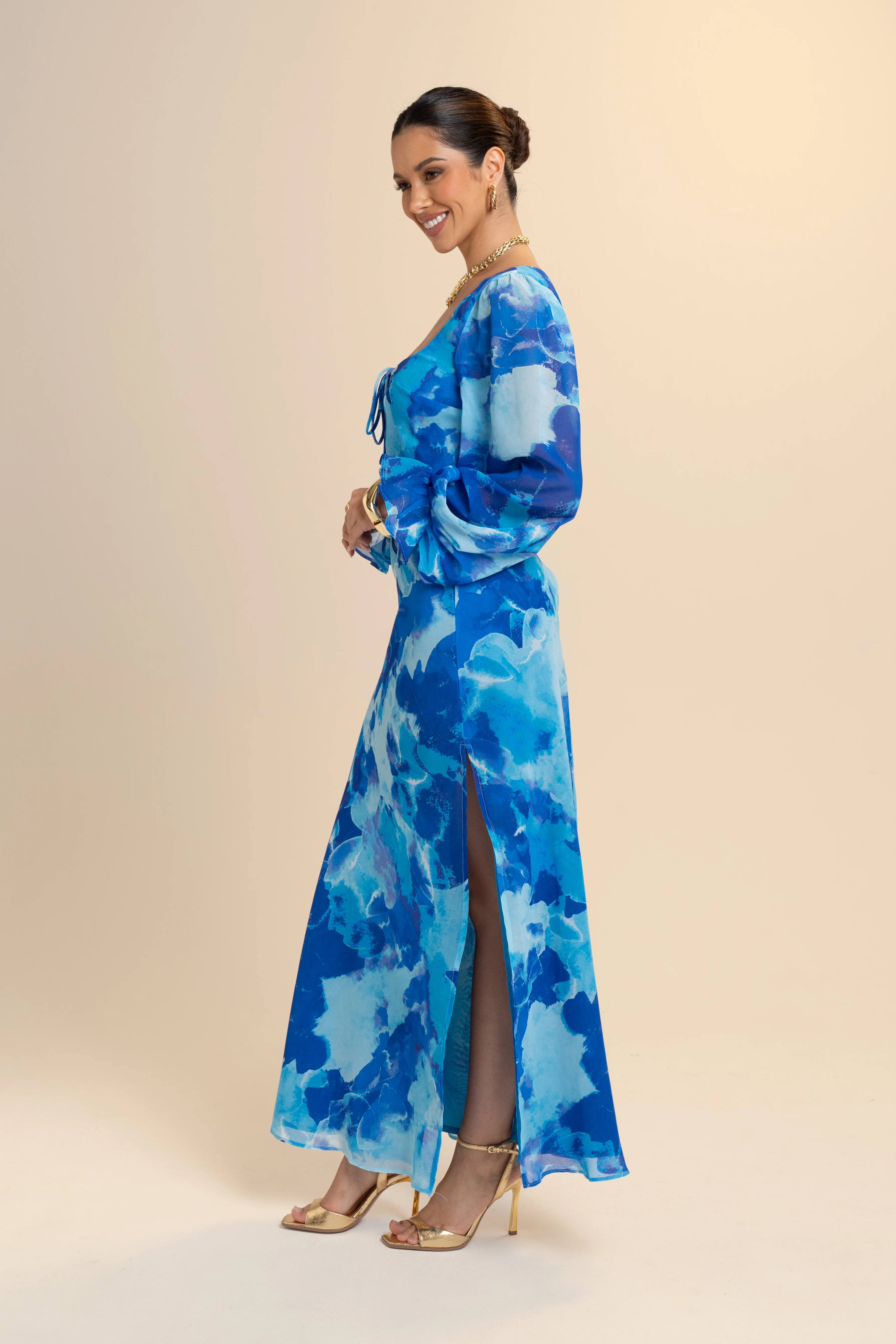 Mika Long Sleeve Blue Print Maxi Dress - Image 2