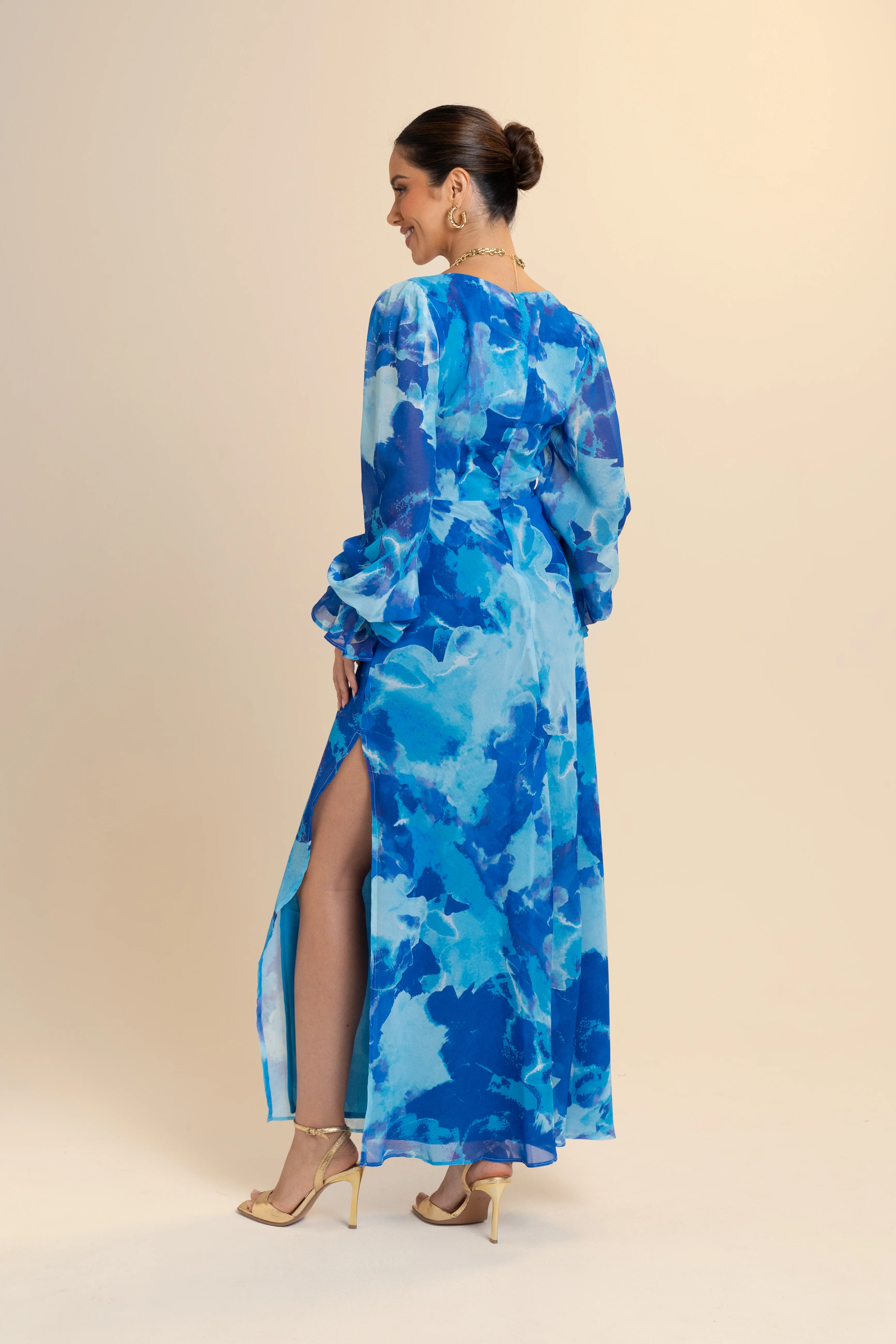 Mika Long Sleeve Blue Print Maxi Dress - Image 3