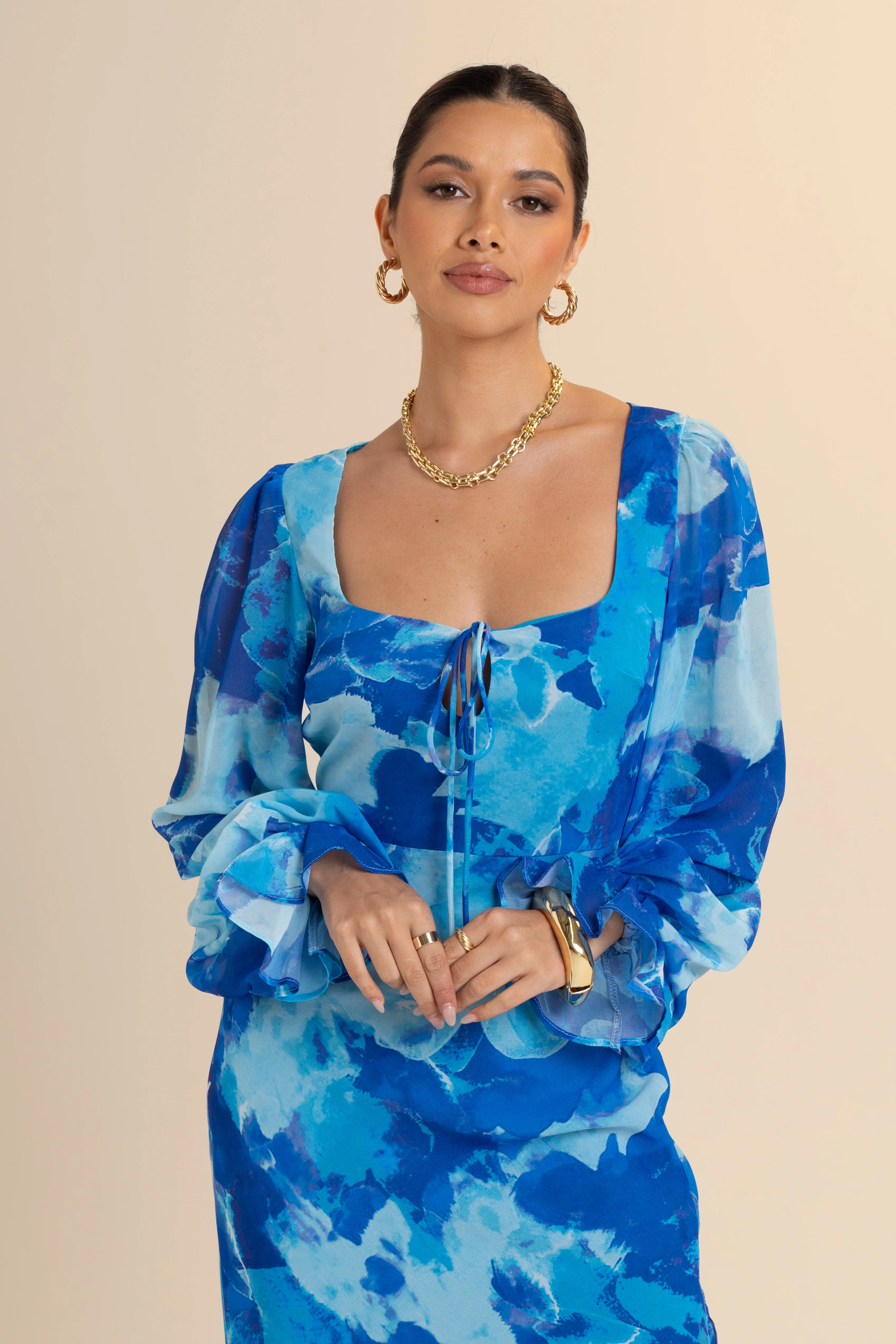 Mika Long Sleeve Blue Print Maxi Dress - Image 4