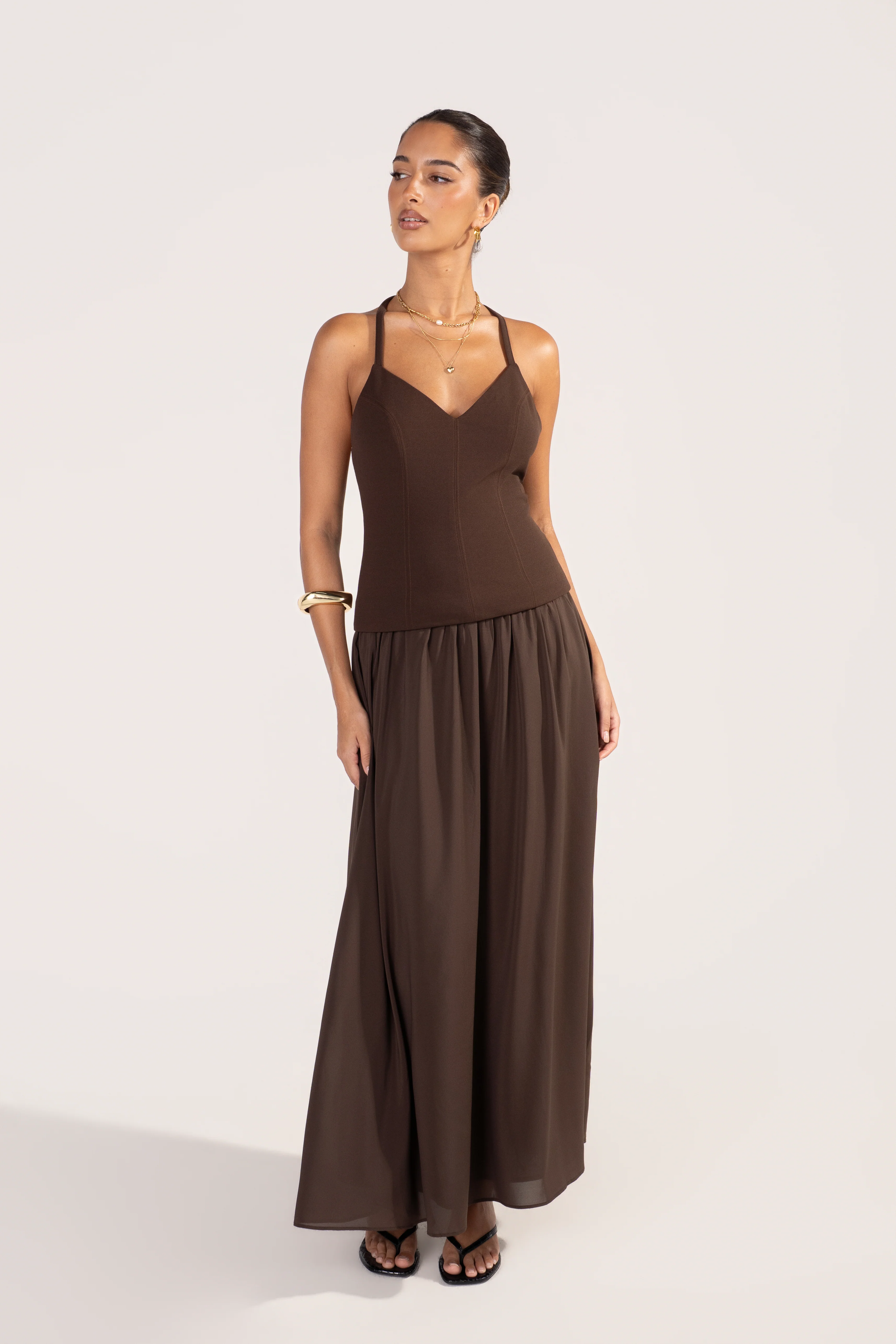 Milana Open Back Chocolate Halter Dress